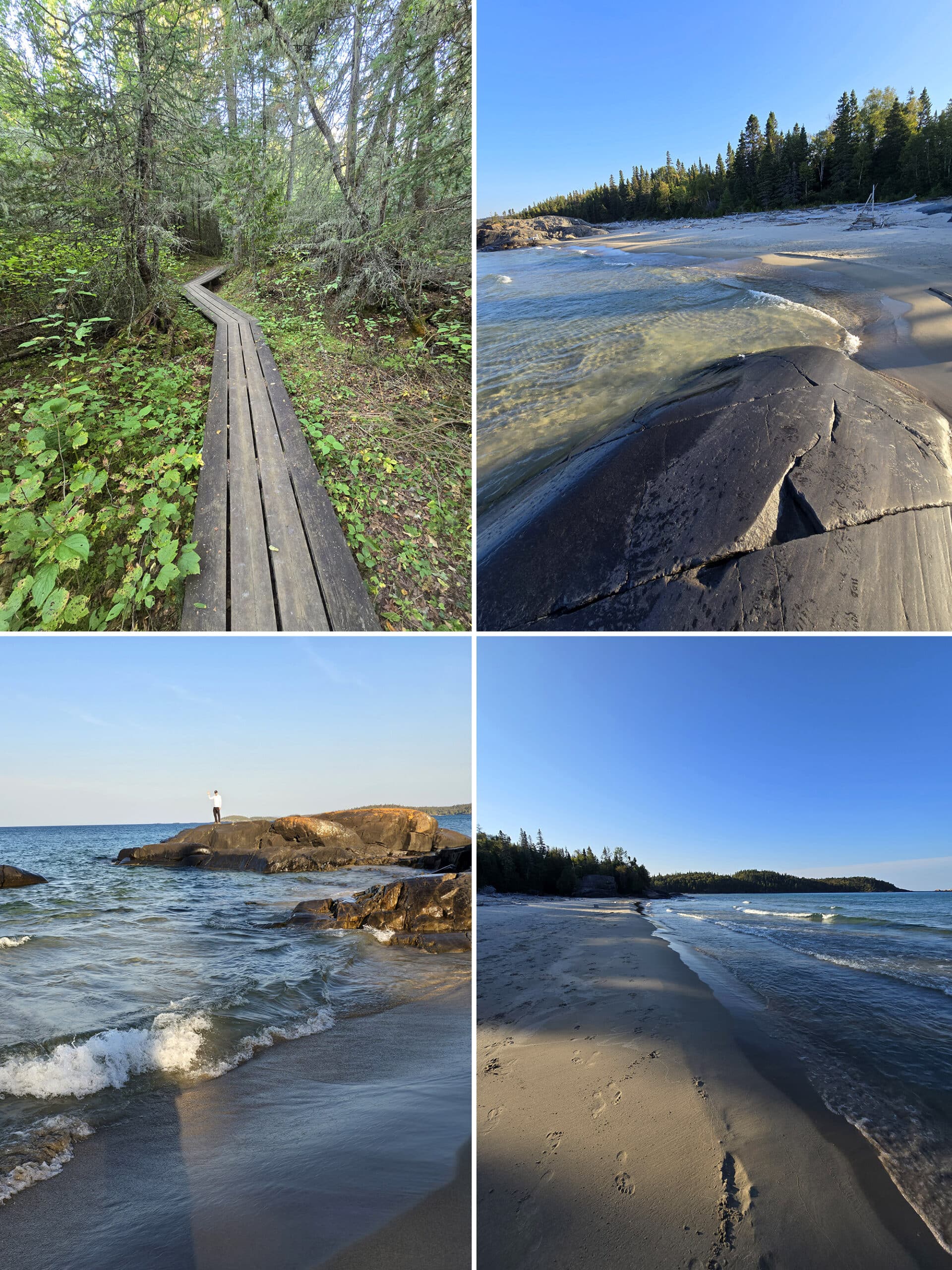 4 part image showing various views along the Beach Trail at Pukaskwa National Park.