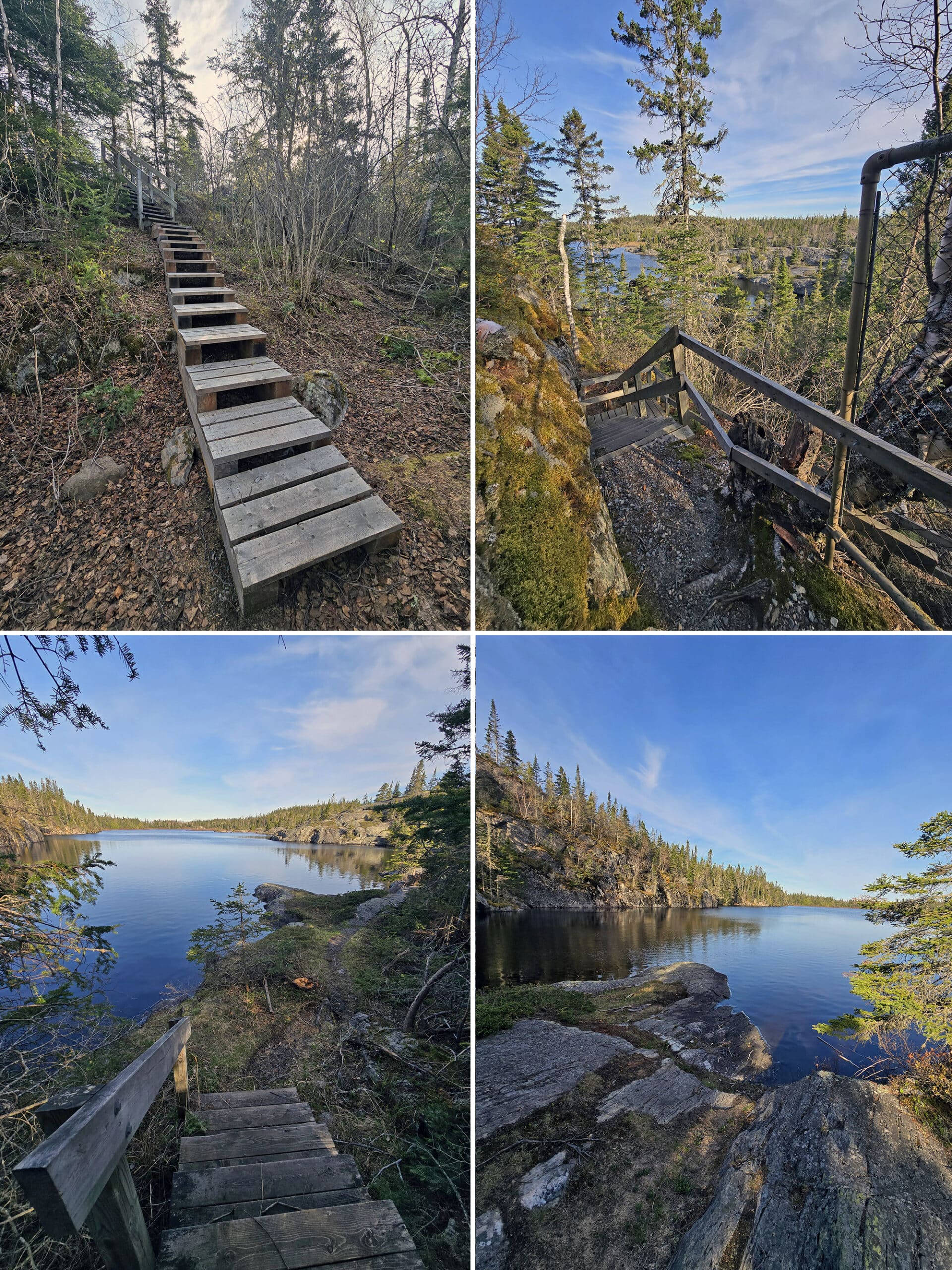 4 part image showing various views along the Bimose Kinoomagewnan Hiking Trail at Pukaskwa National Park.