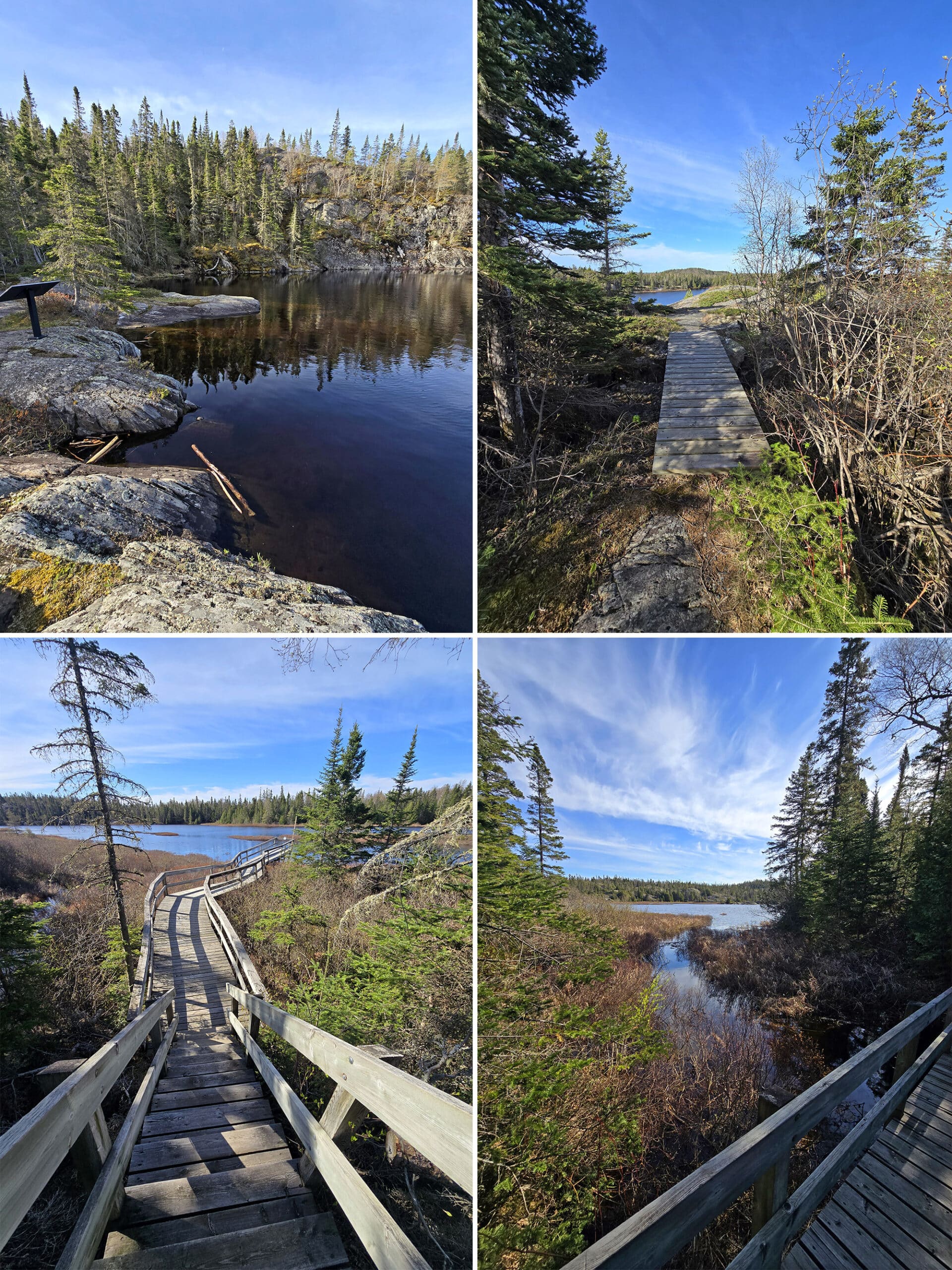 4 part image showing various views along the Bimose Kinoomagewnan Hiking Trail at Pukaskwa National Park.