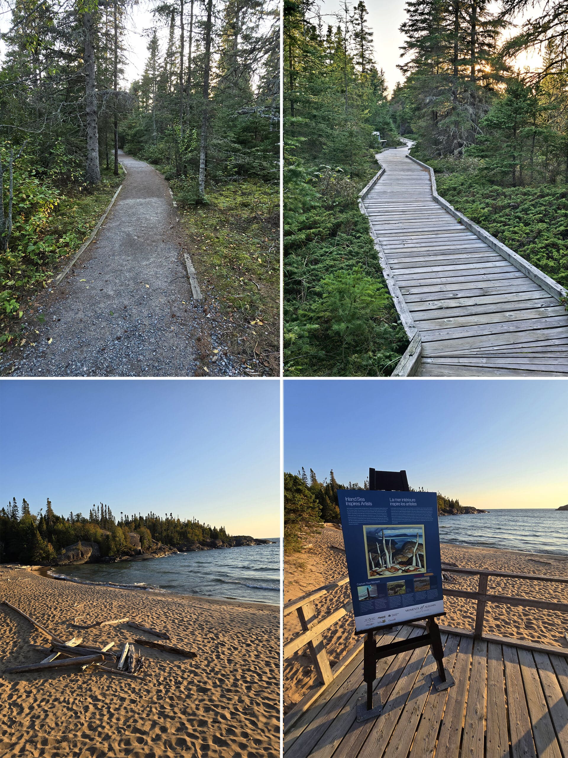 4 part image showing various views along the Boardwalk Beach Trail at Pukaskwa National Park.