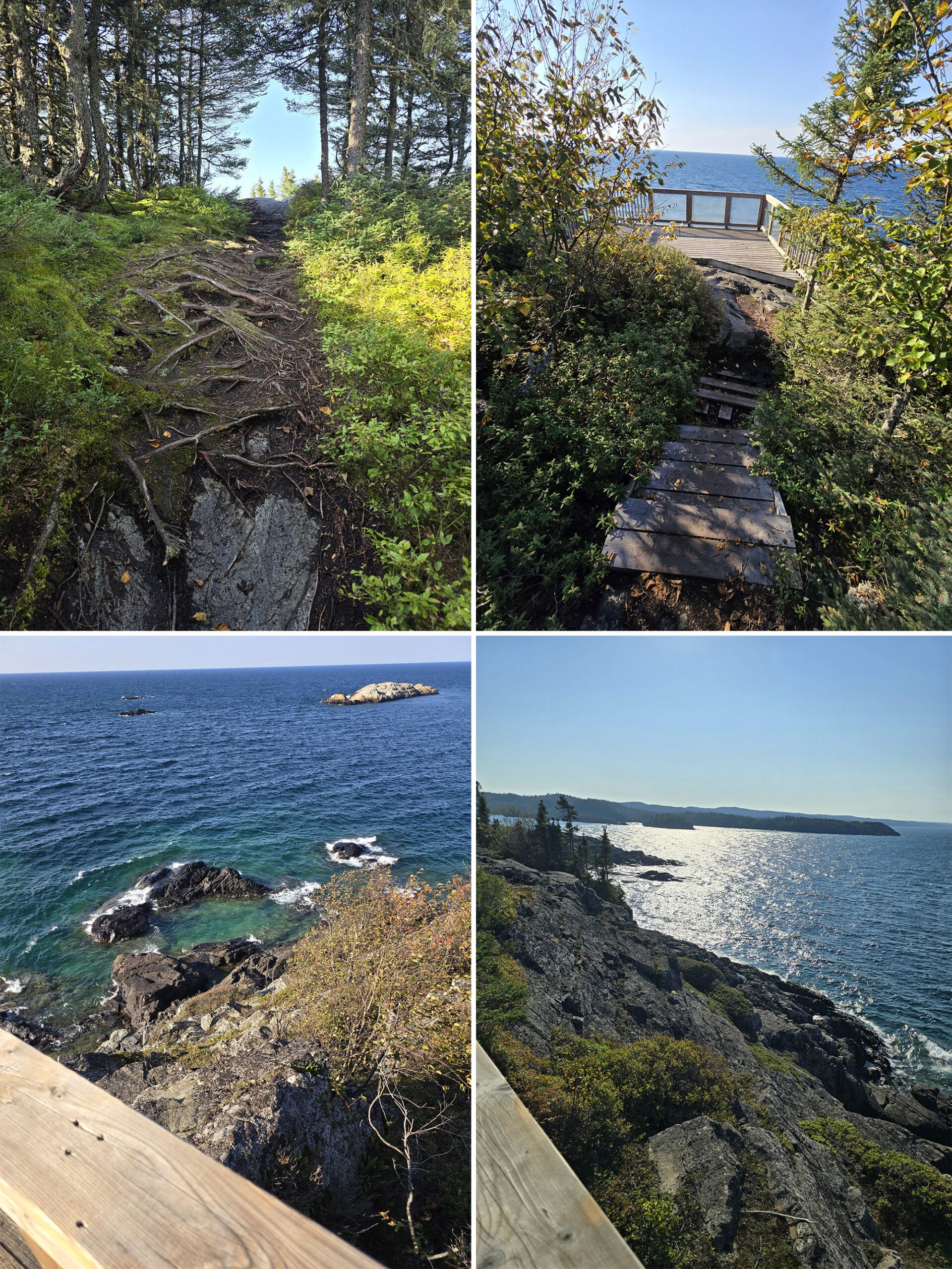 4 part image showing various views along the Manito Miikana Trail at Pukaskwa National Park.