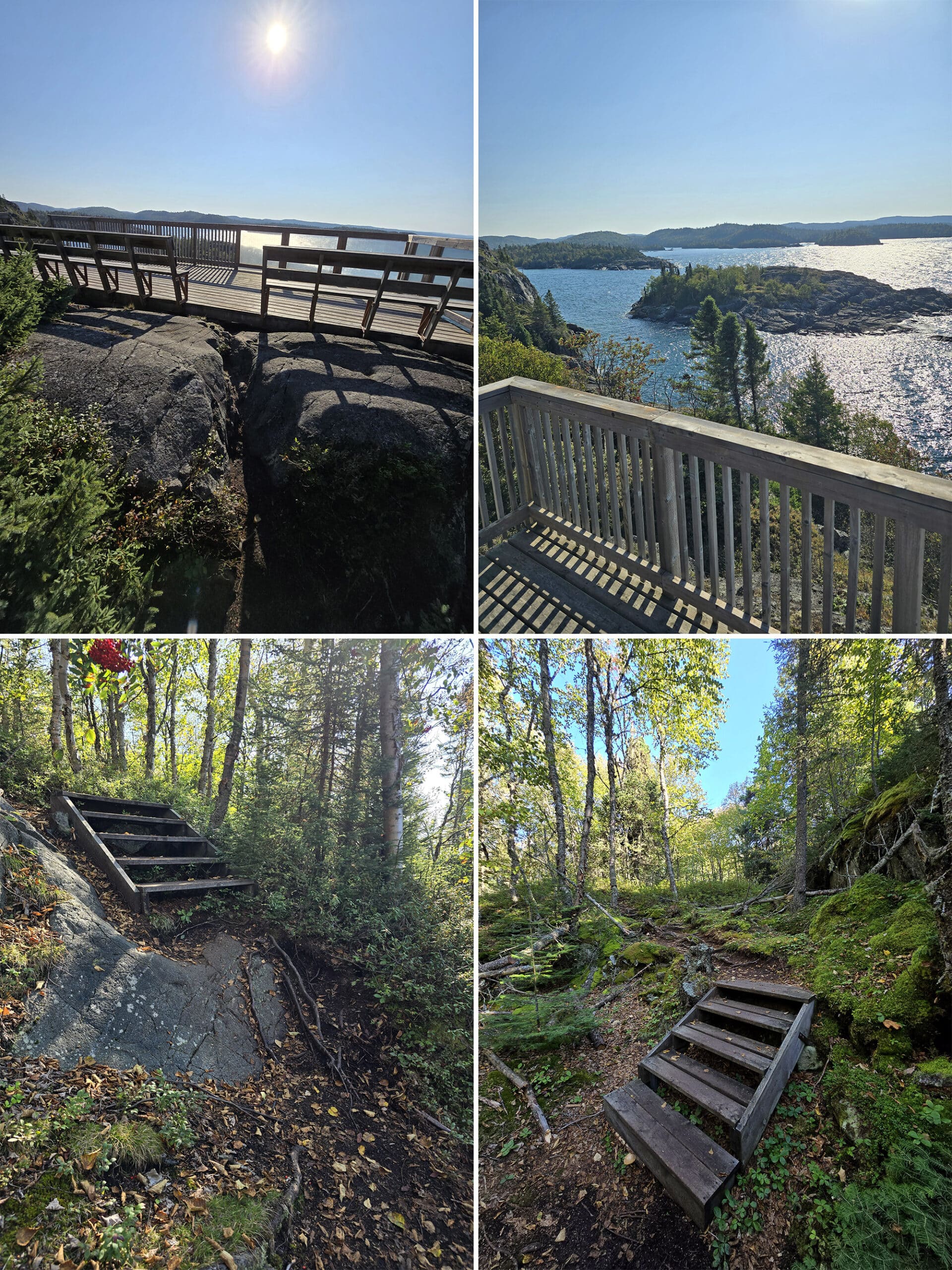 4 part image showing various views along the Manito Miikana Trail at Pukaskwa National Park.