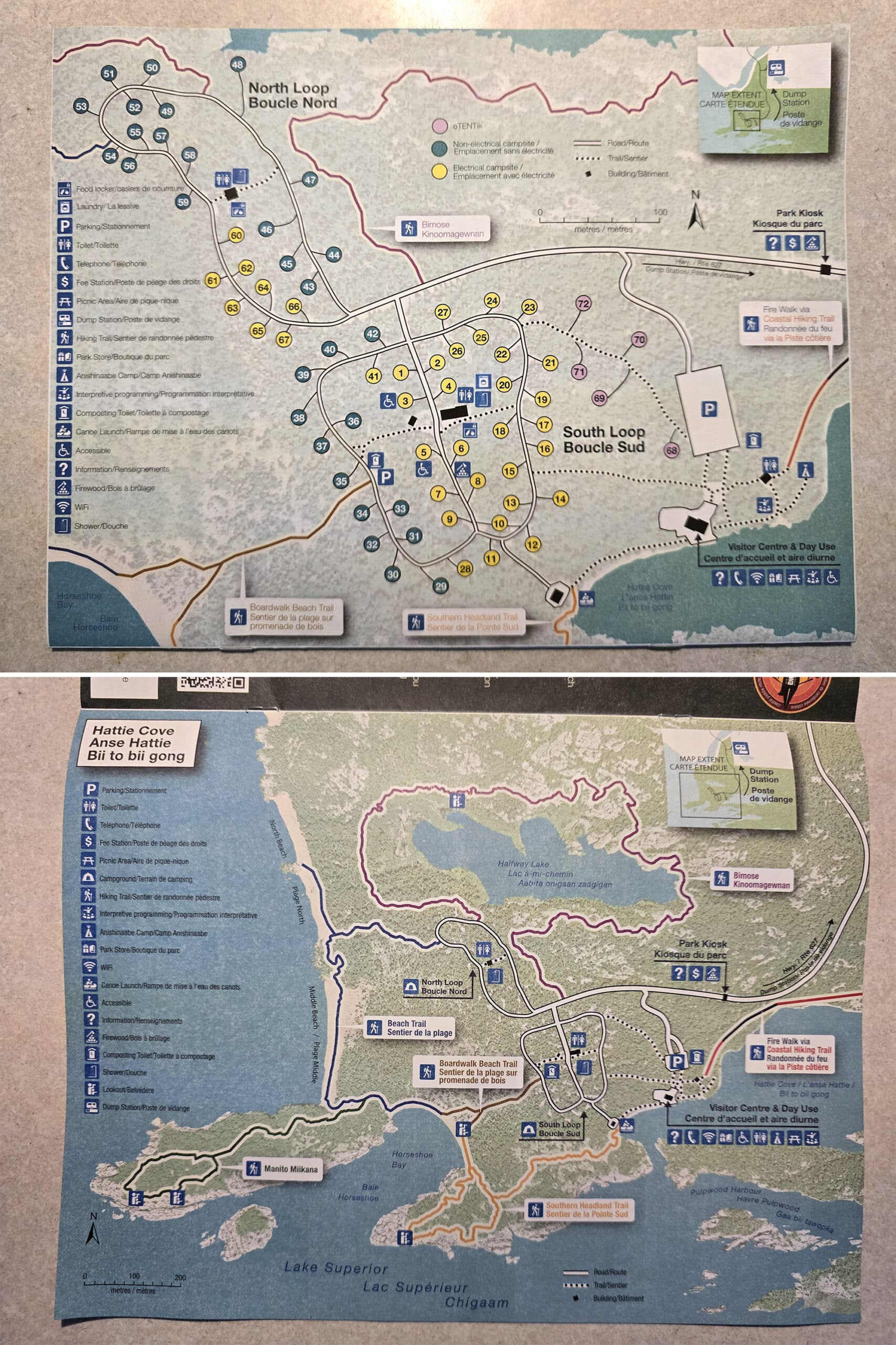 2 part image showing the park and campground maps for Pukaskwa National Park.