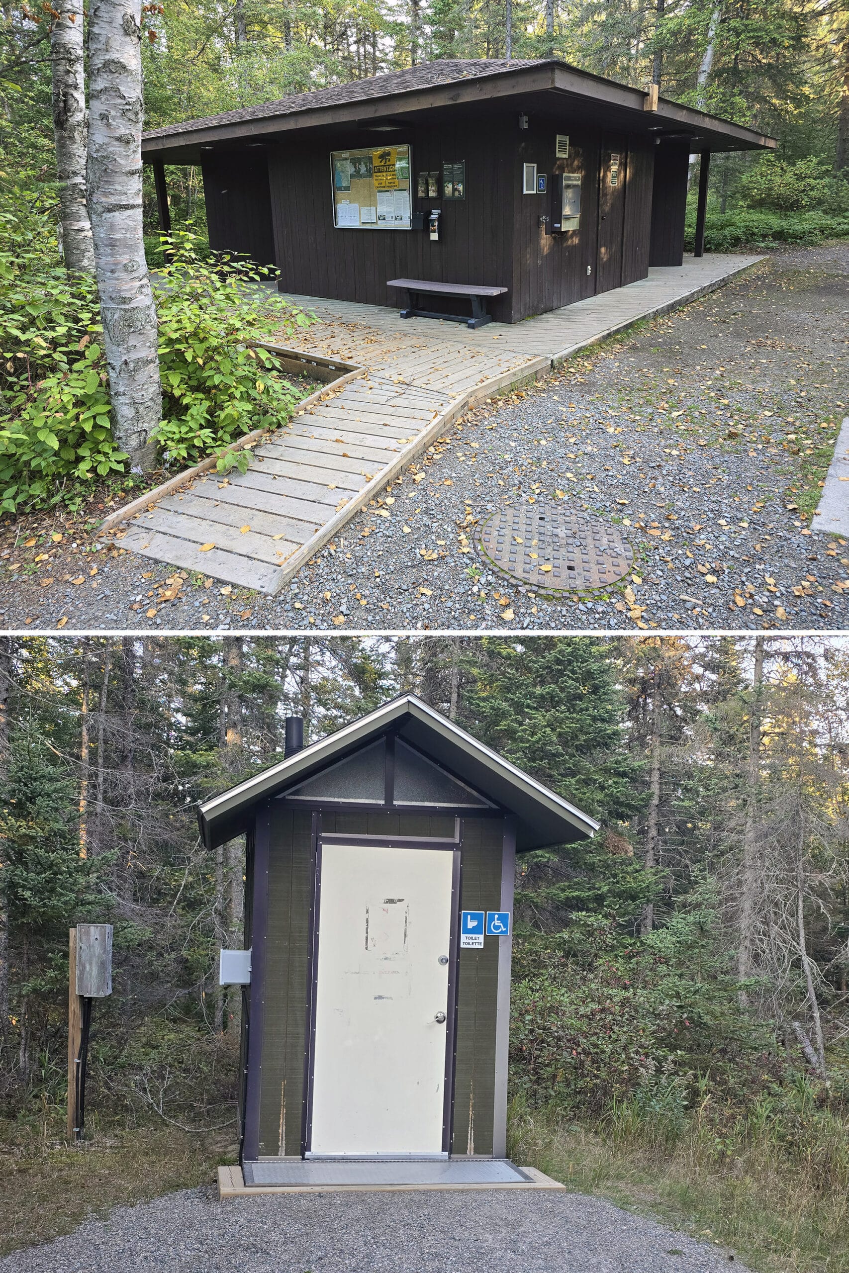 2 part image showing a small comfort station and an outhouse.