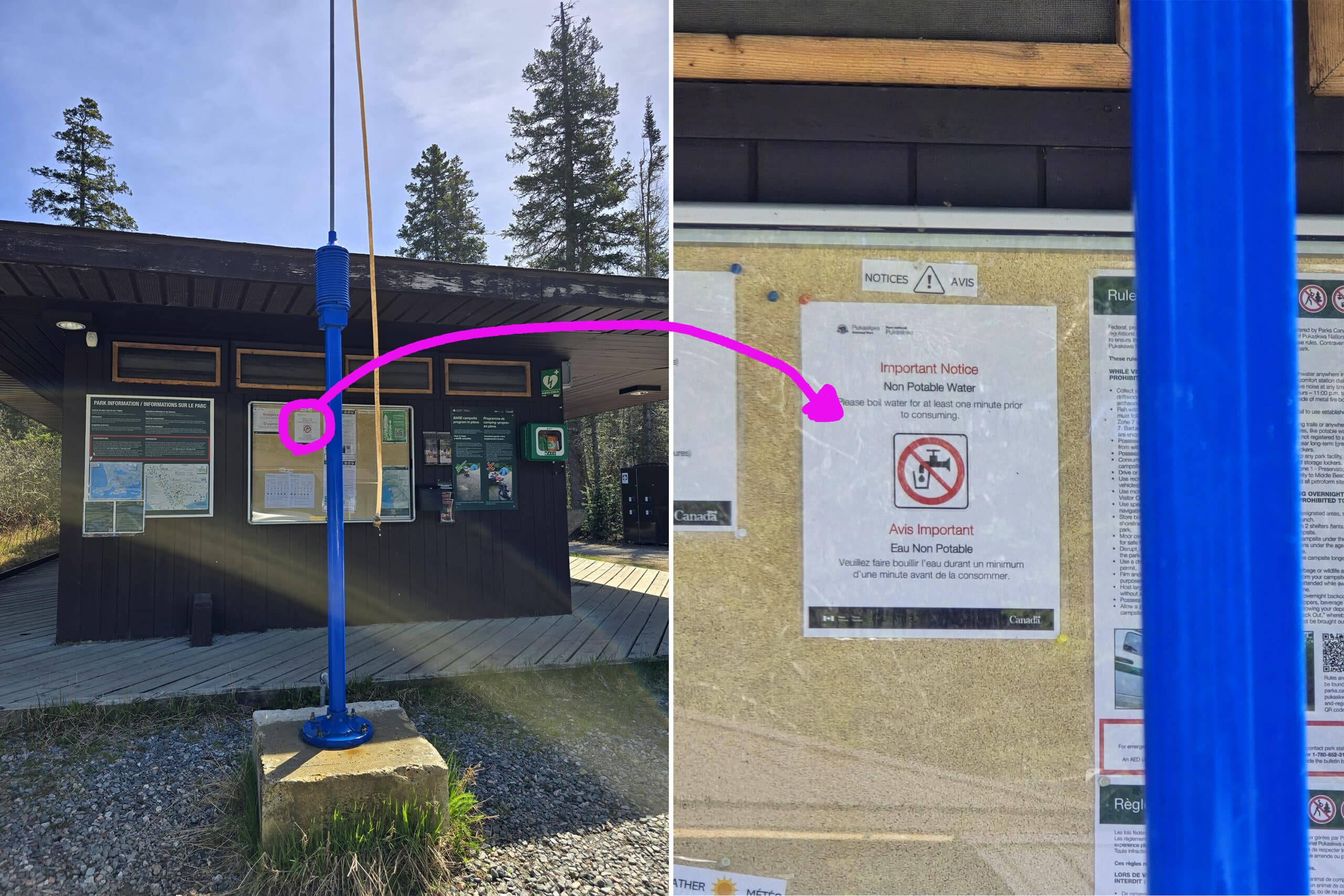 2 part image showing a trailer fill platform with a bulletin board in the distance, and a zoomed in image of one of the small signs on it.