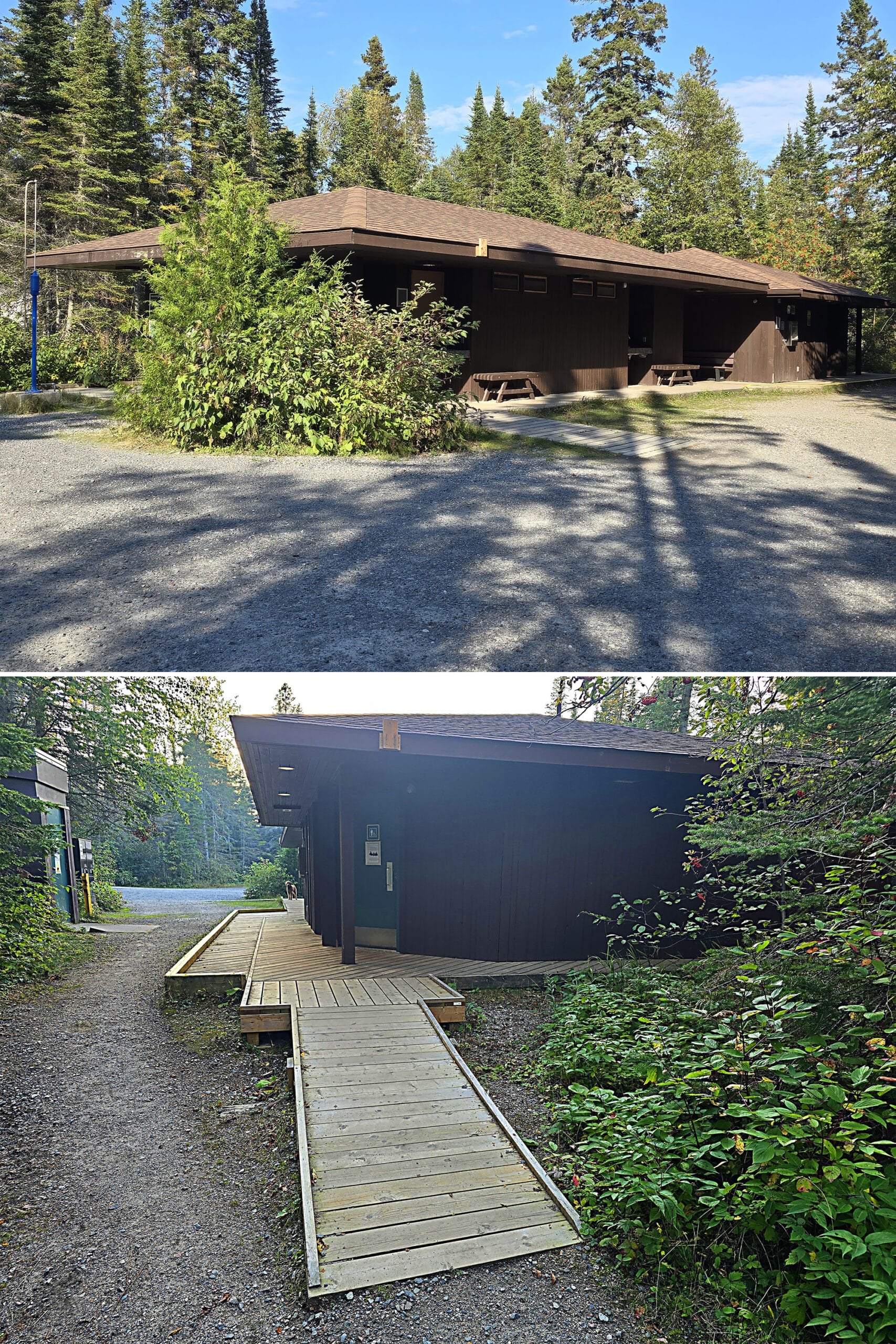 2 part image showing front and back views of the south loop comfort station.