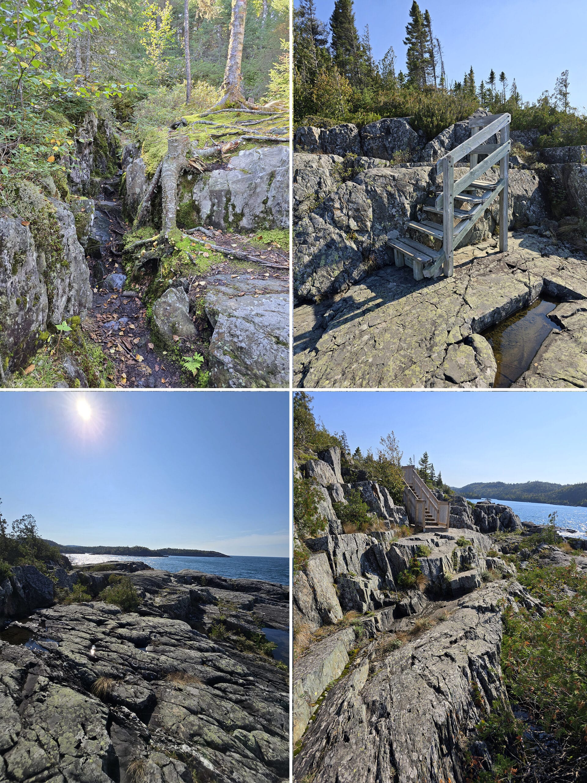 4 part image showing various views along the southern headland trail in pukaskwa national park.