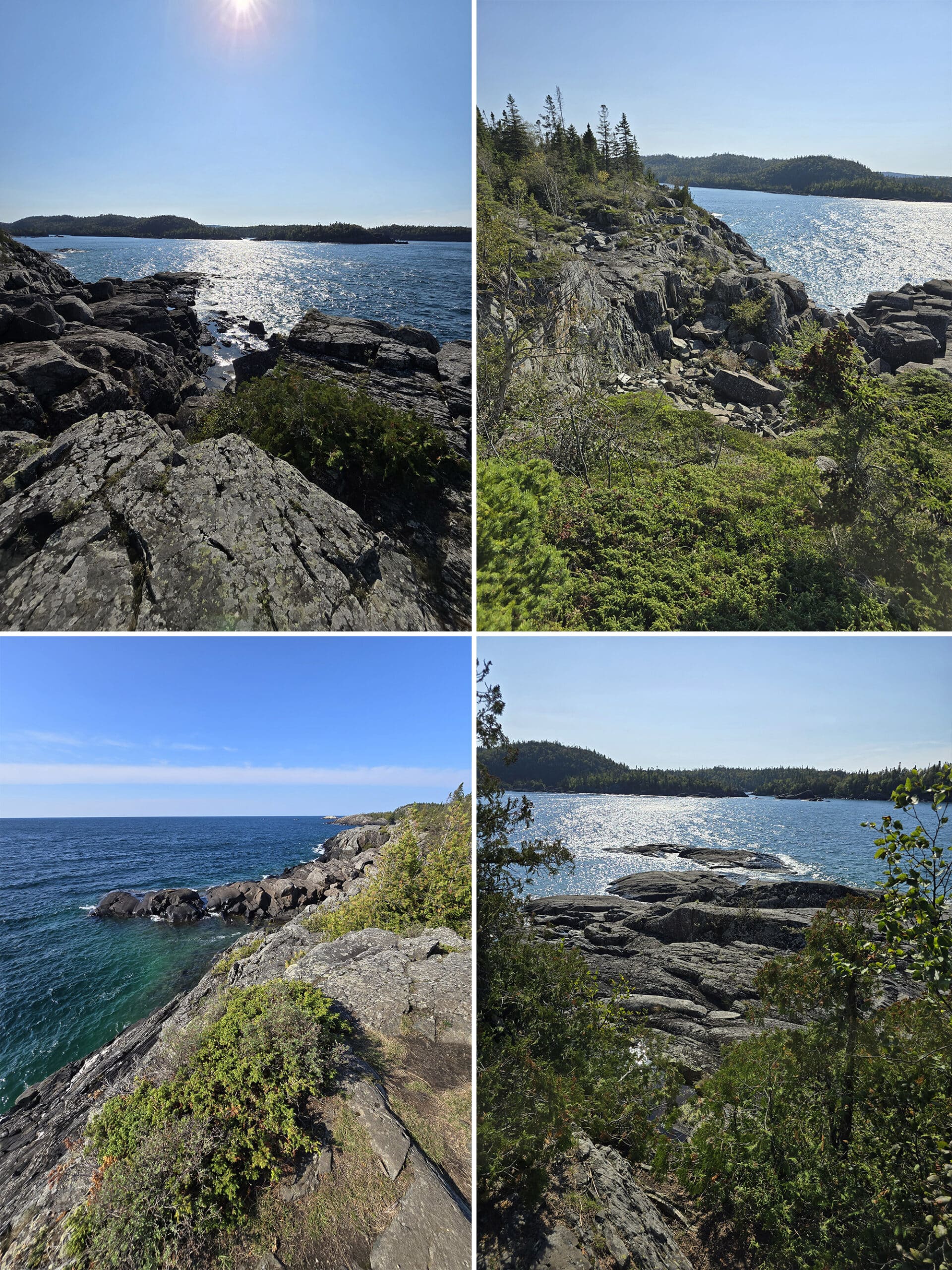 4 part image showing various views along the southern headland trail in pukaskwa national park.