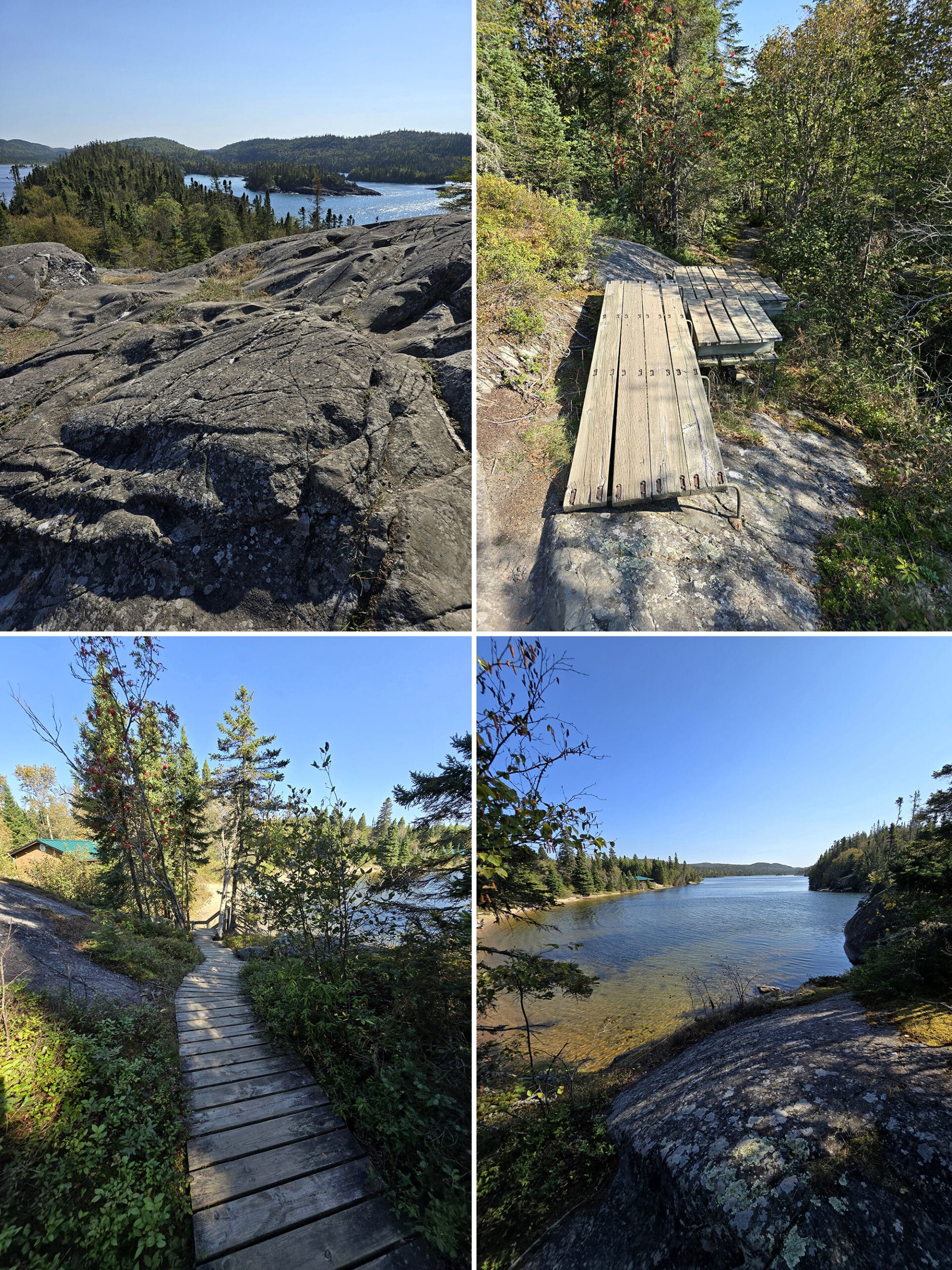 4 part image showing various views along the southern headland trail in pukaskwa national park.