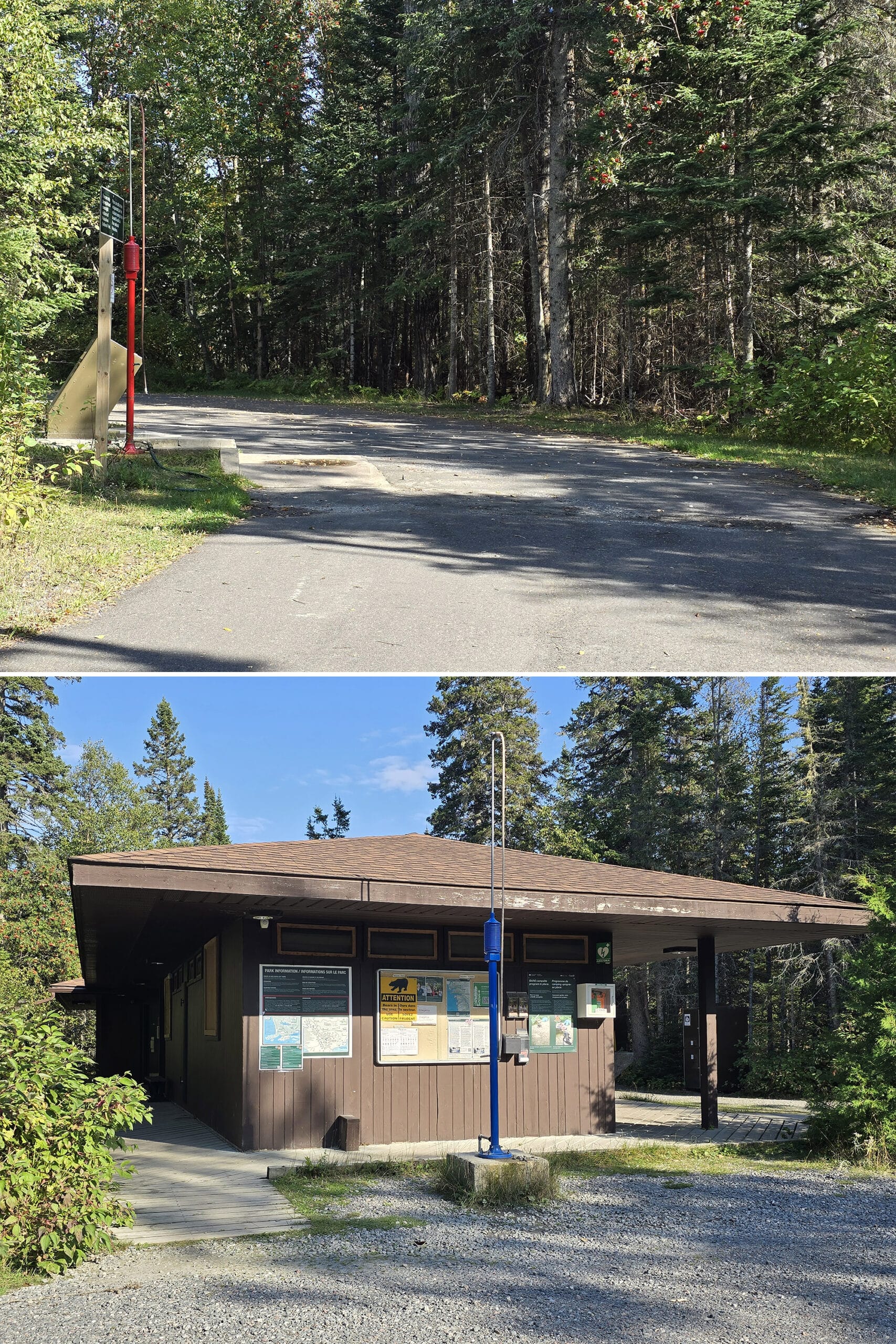 2 part image showing the trailer fill and dump stations at pukaskwa national park.