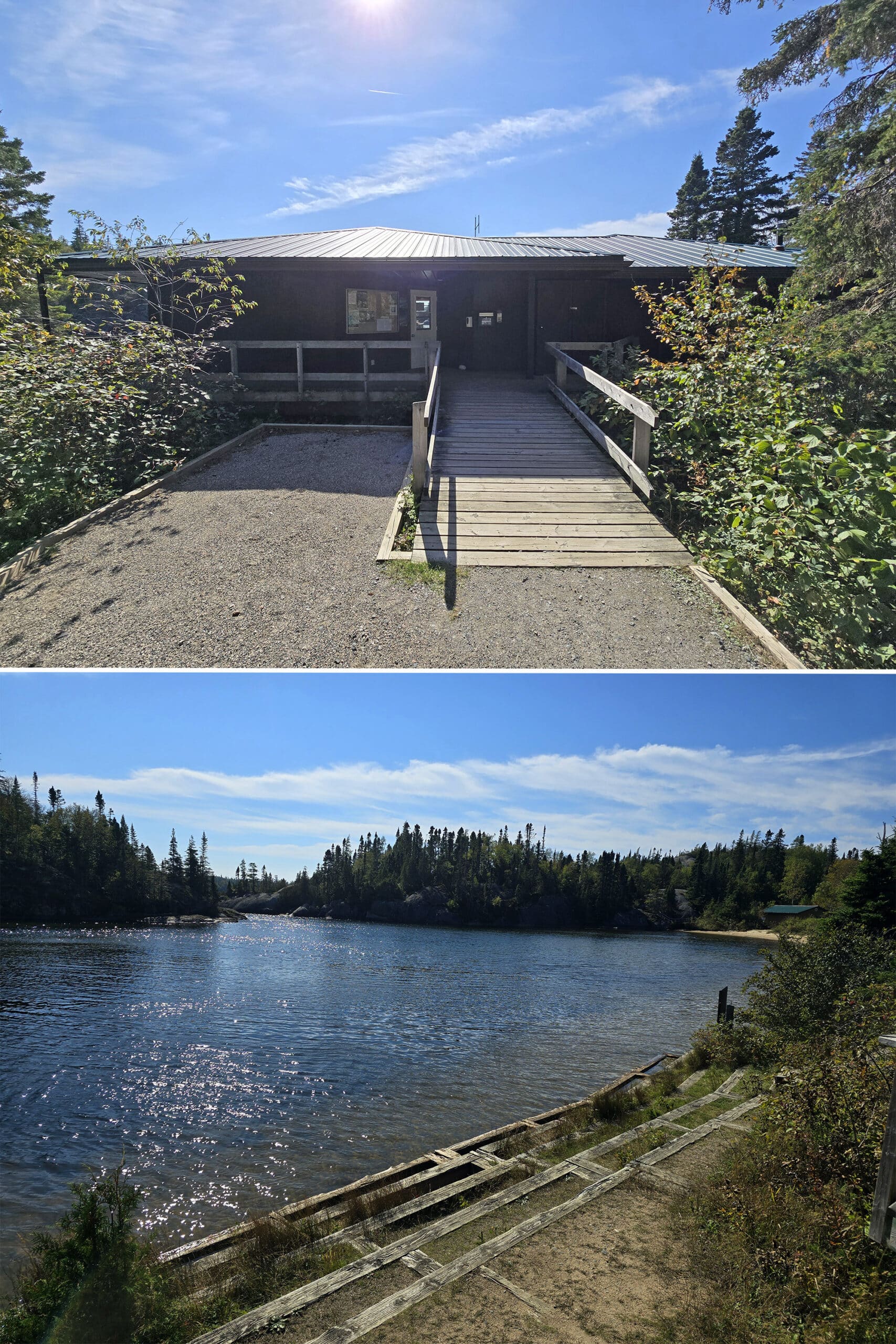 2 part image showing the front and back of the pukaskwa national park visitor centre.