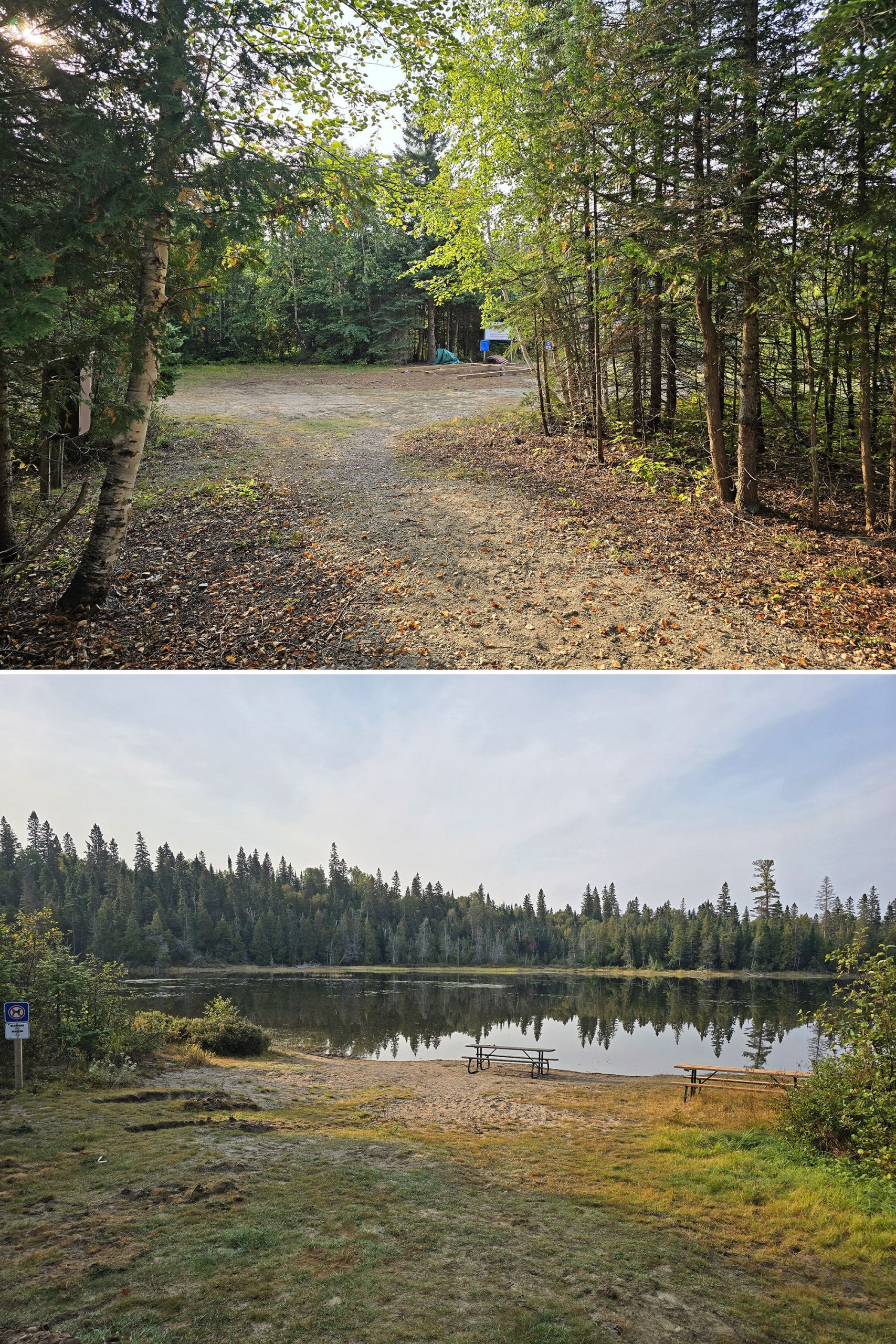 2 part image showing various views of the Rabbit Blanket Lake Beach.