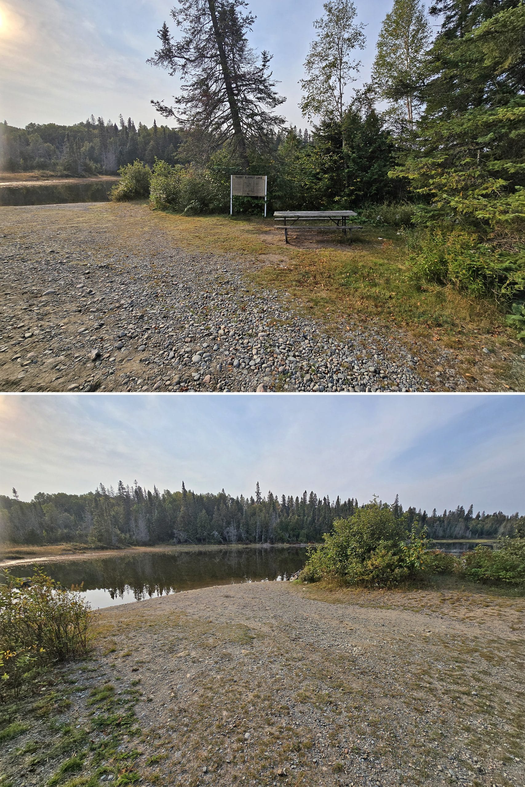 2 part image showing the rabbit blanket lake boat launch.