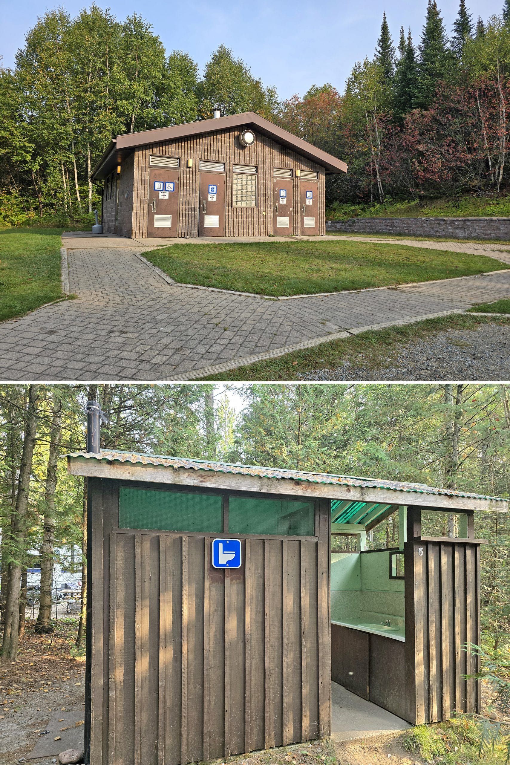 2 part image showing the Rabbit Blanket Lake Campground comfort station and one of the vault toilets.