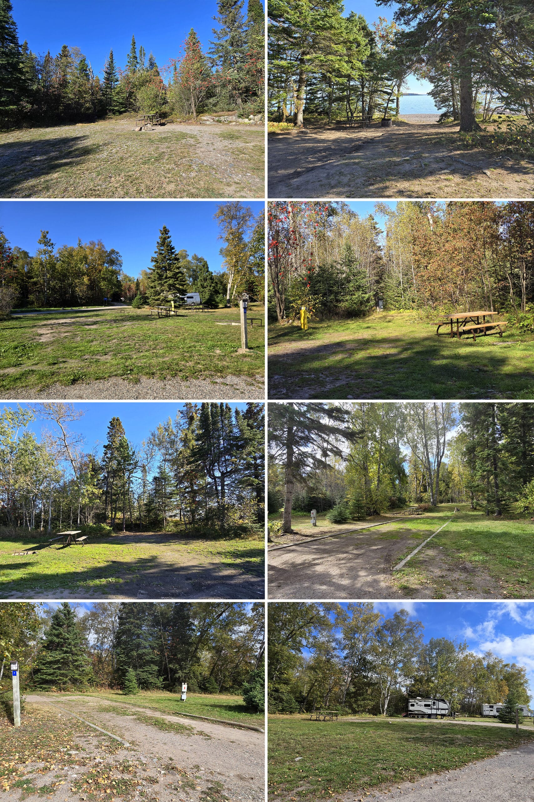 8 part image showing various campsites from the rossport campground at rainbow falls provincial park.