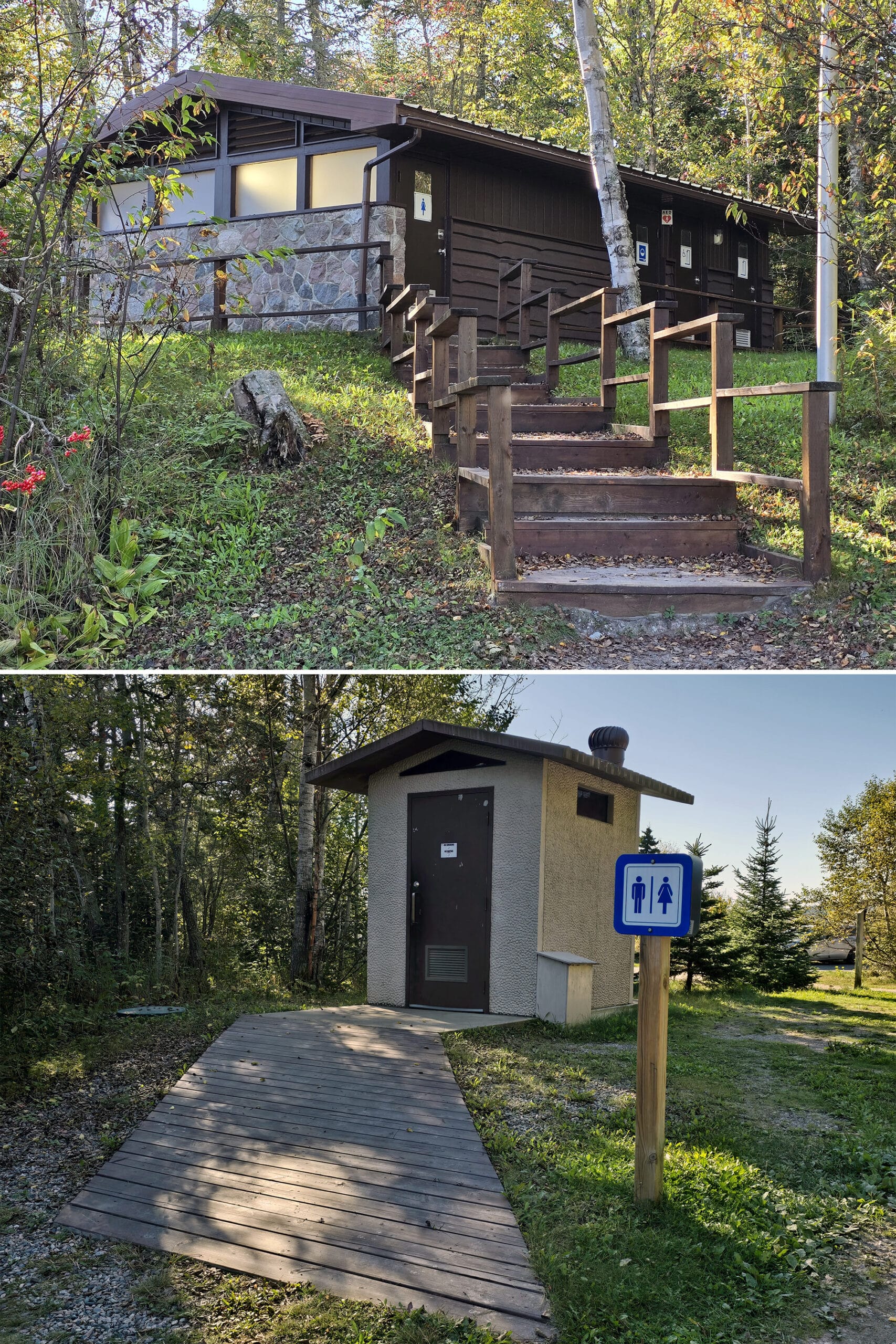 2 part image showing a campground comfort station and outhouse.