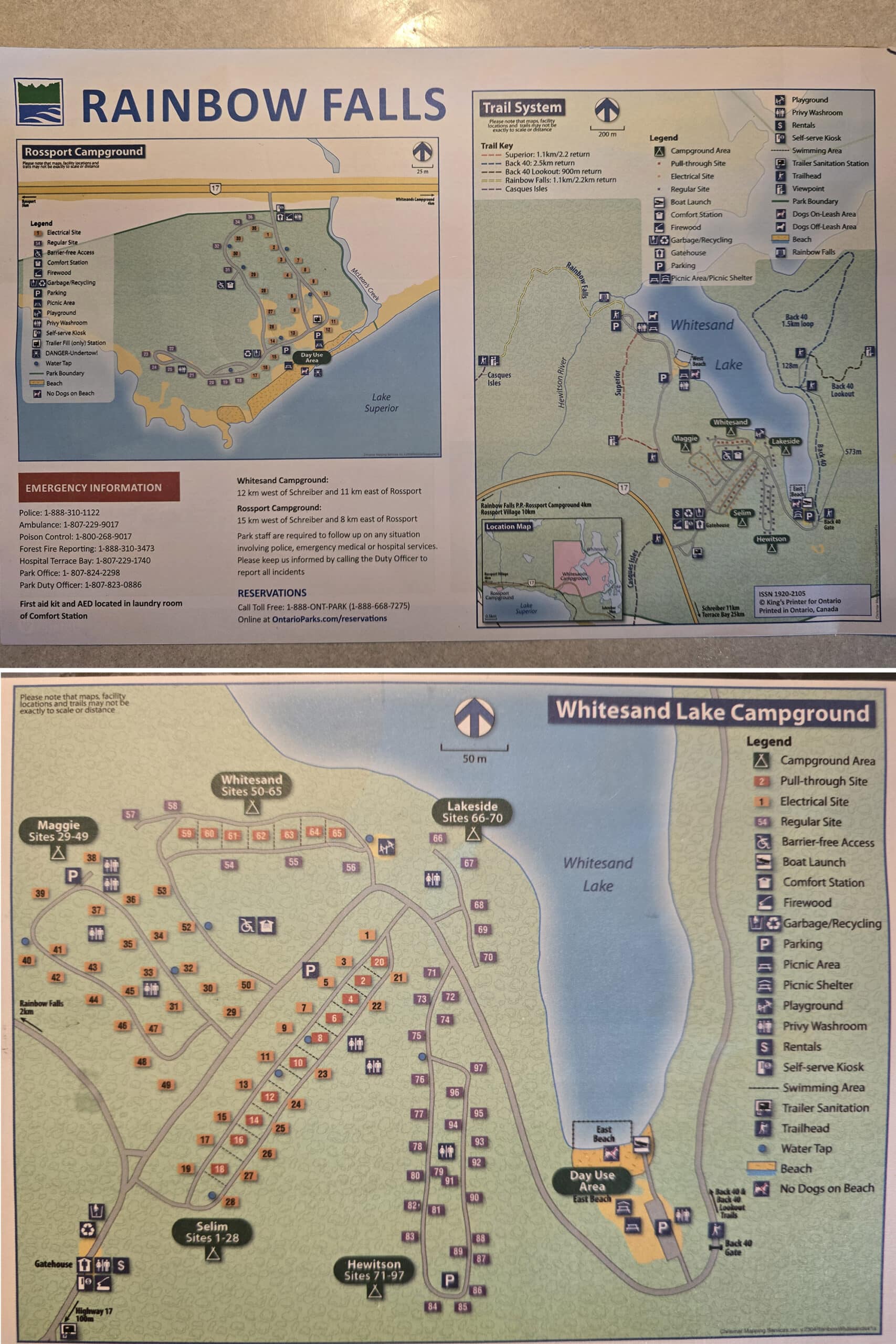 2 part image showing the rainbow falls provincial park campground maps.