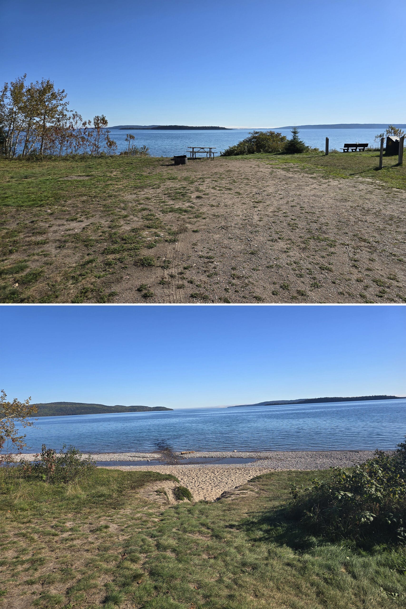 2 part image showing a campsite with lake superior and a beach behind it.