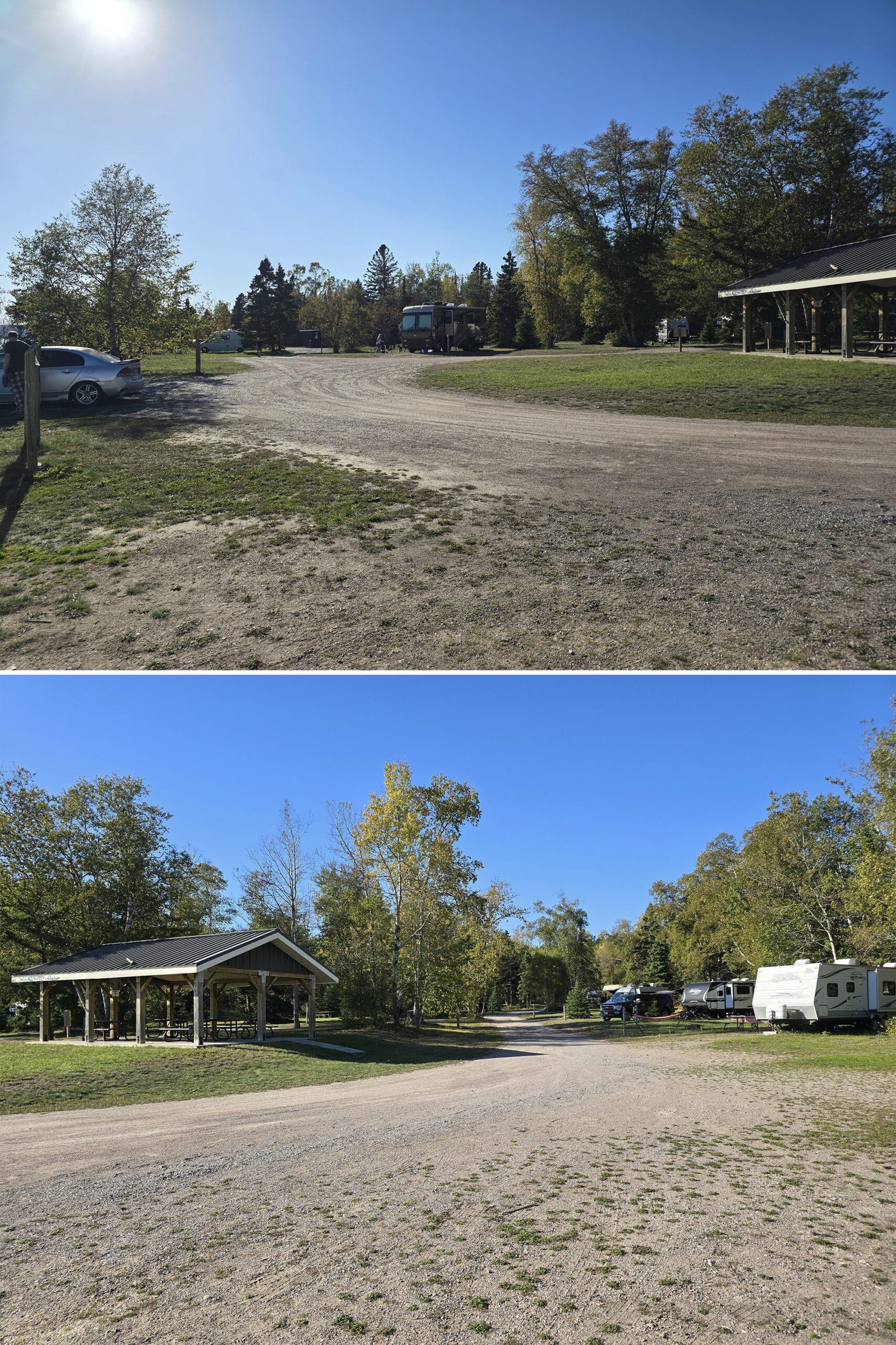 2 part image showing a small, wide open campground.