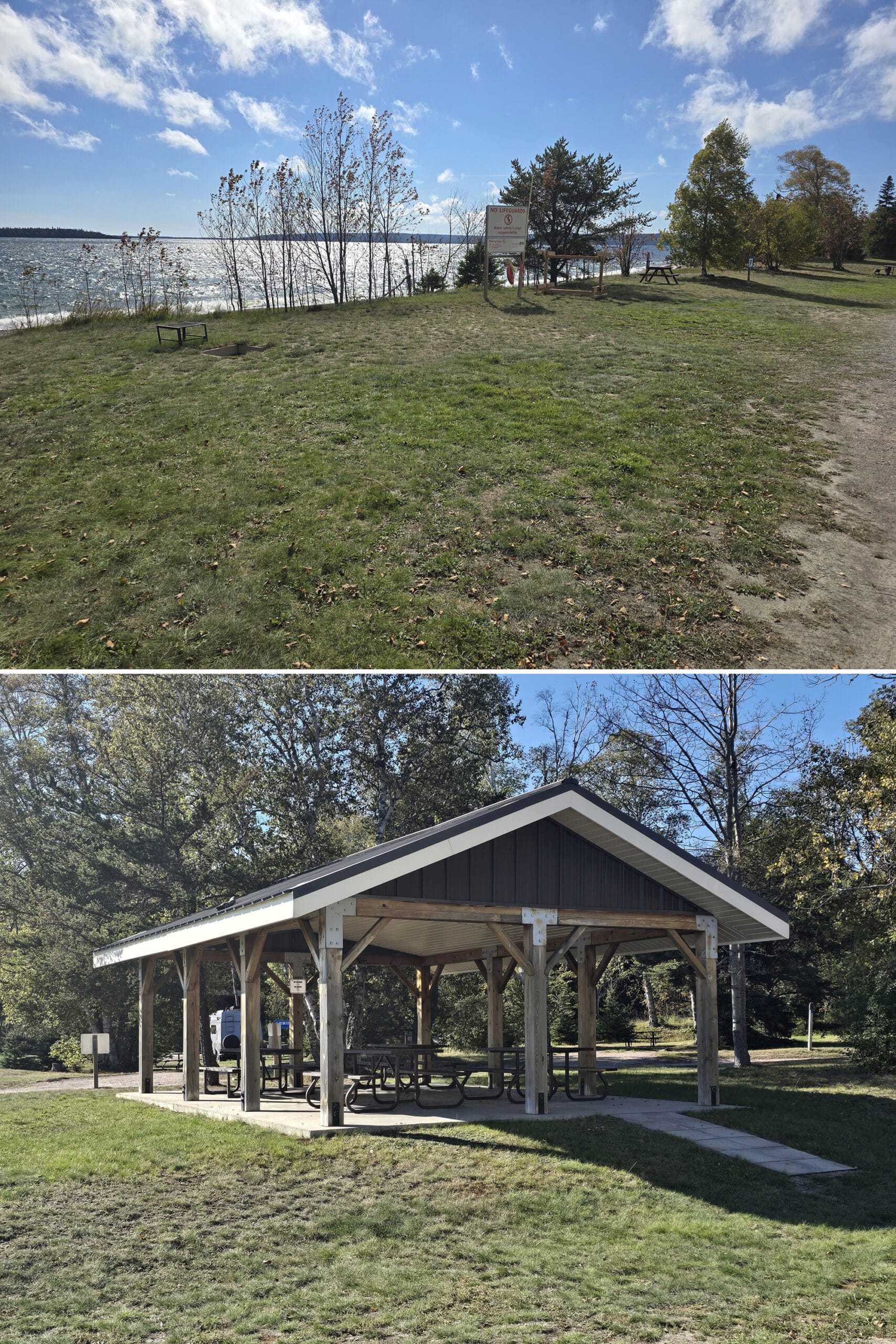 2 part image showing a small picnic shelter and picnic area on the side of lake superior.