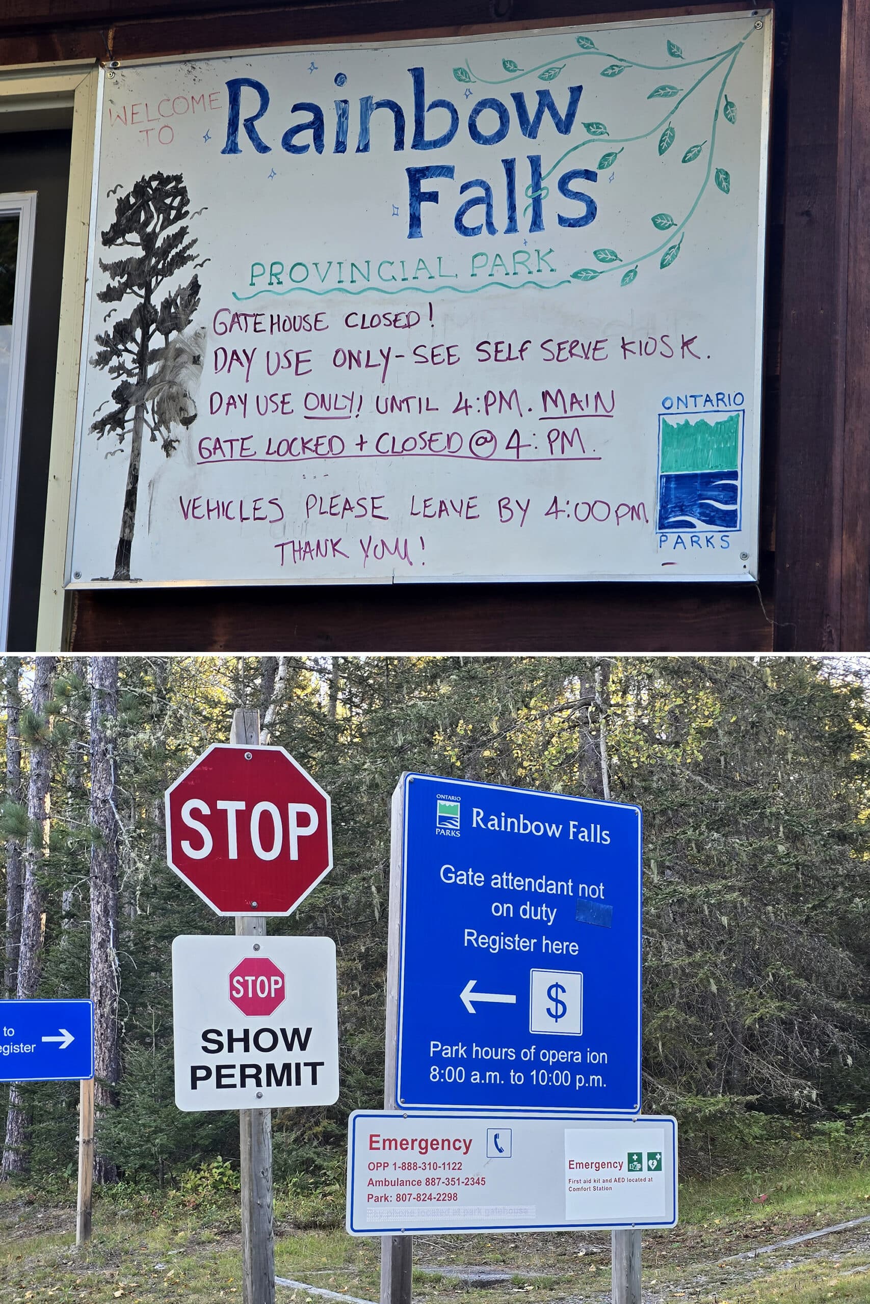 2 part image showing contradictory and unfriendly signage at the whitesand lake campground.