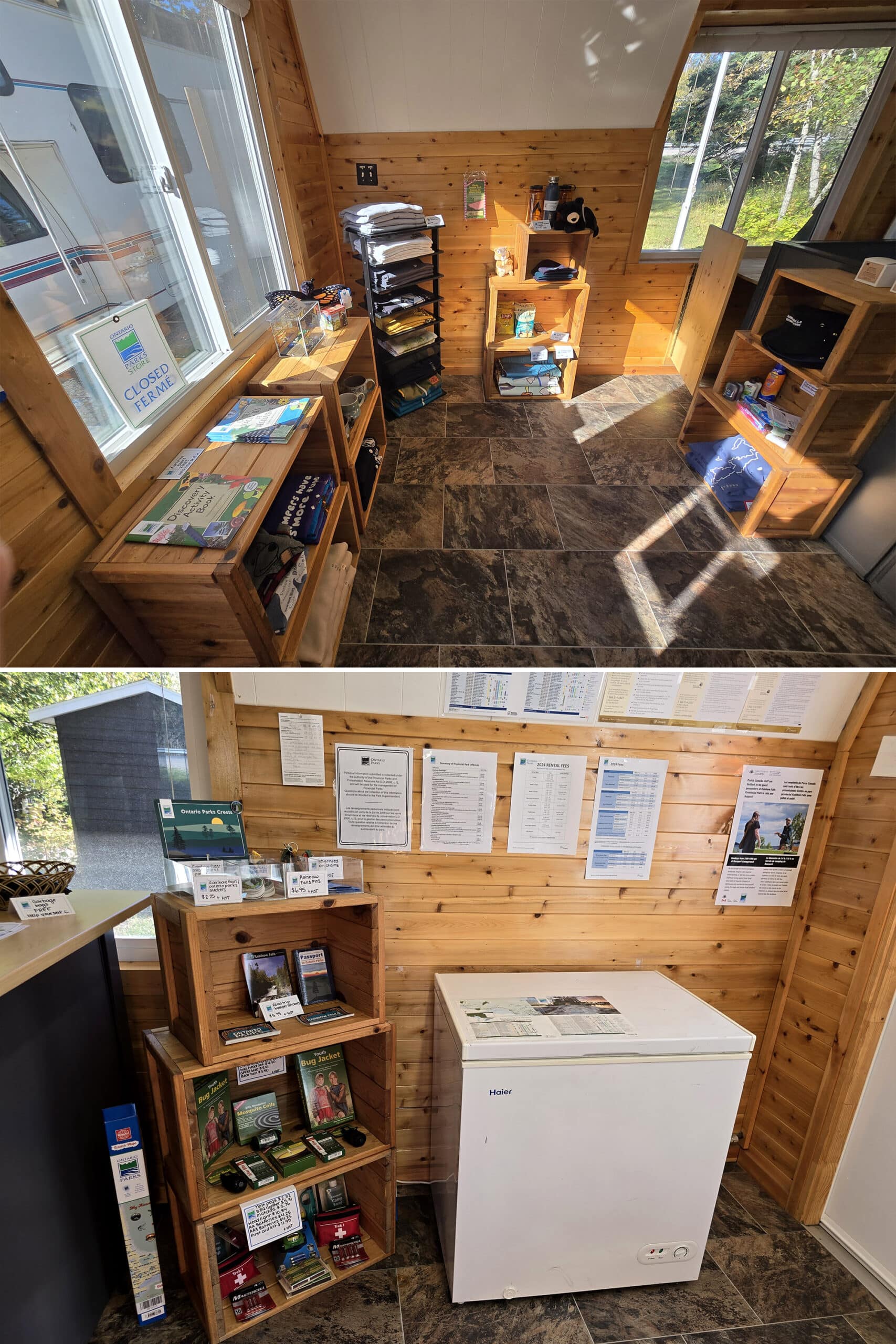 2 part image showing the inside of the rossport campground gatehouse, including a small camp store.