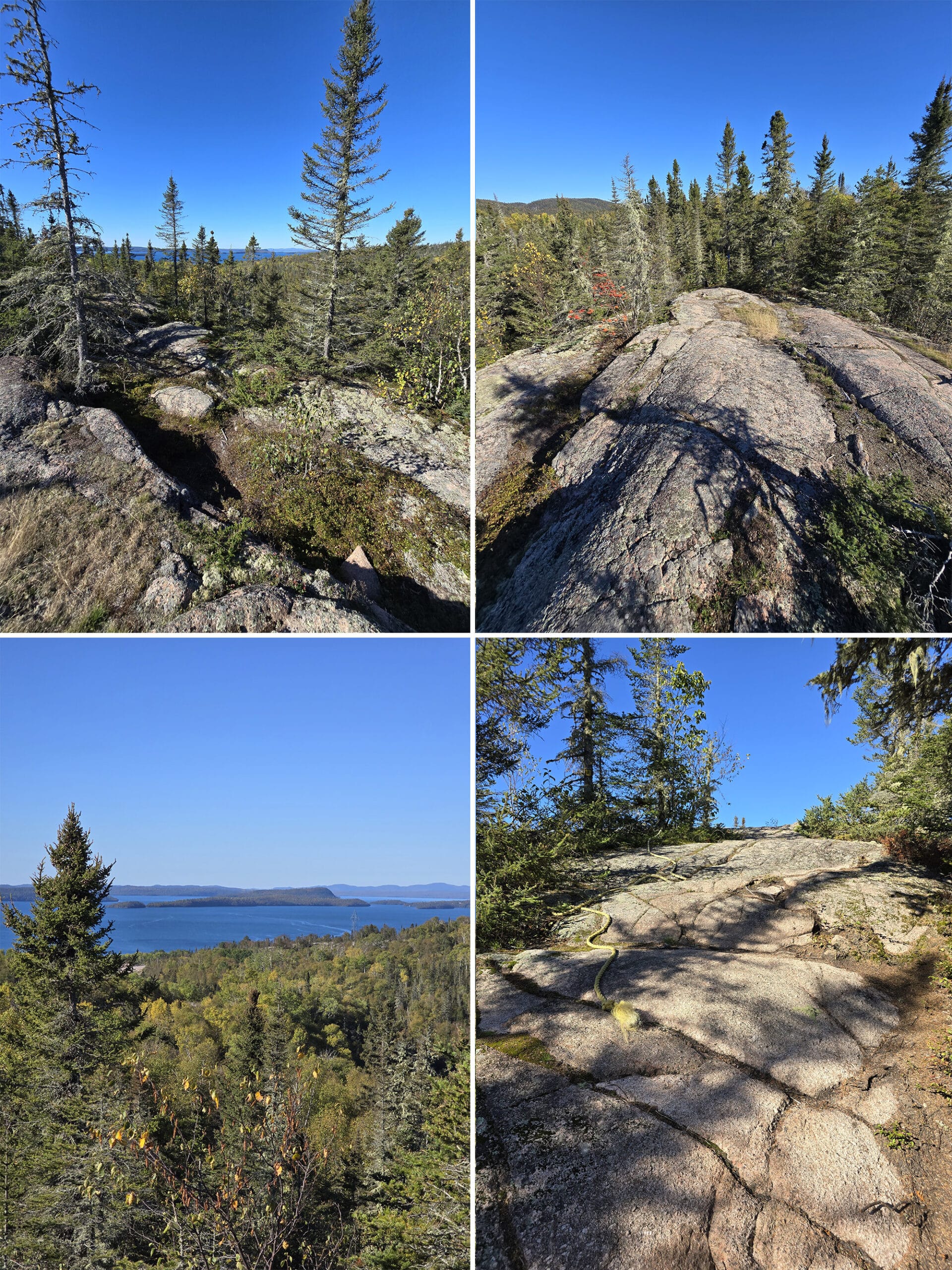 4 part image showing various views along the superior trail at rainbow falls provincial park.