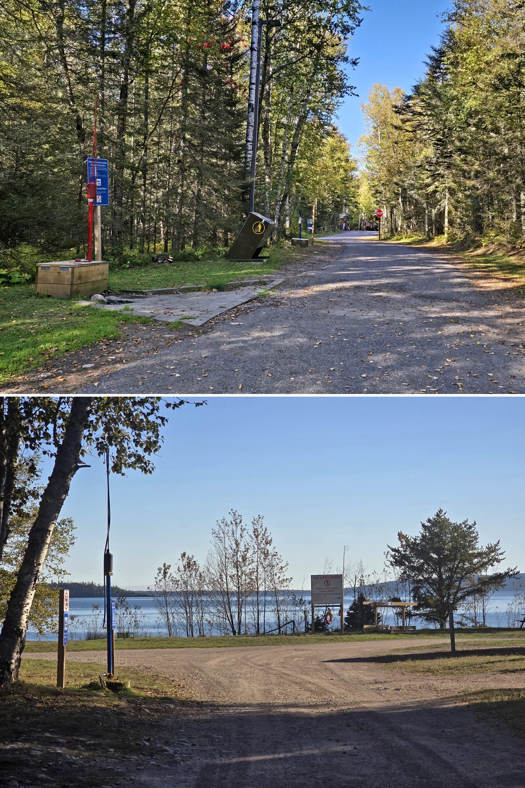 2 part image showing the dump and fill stations at rainbow falls provincial park.