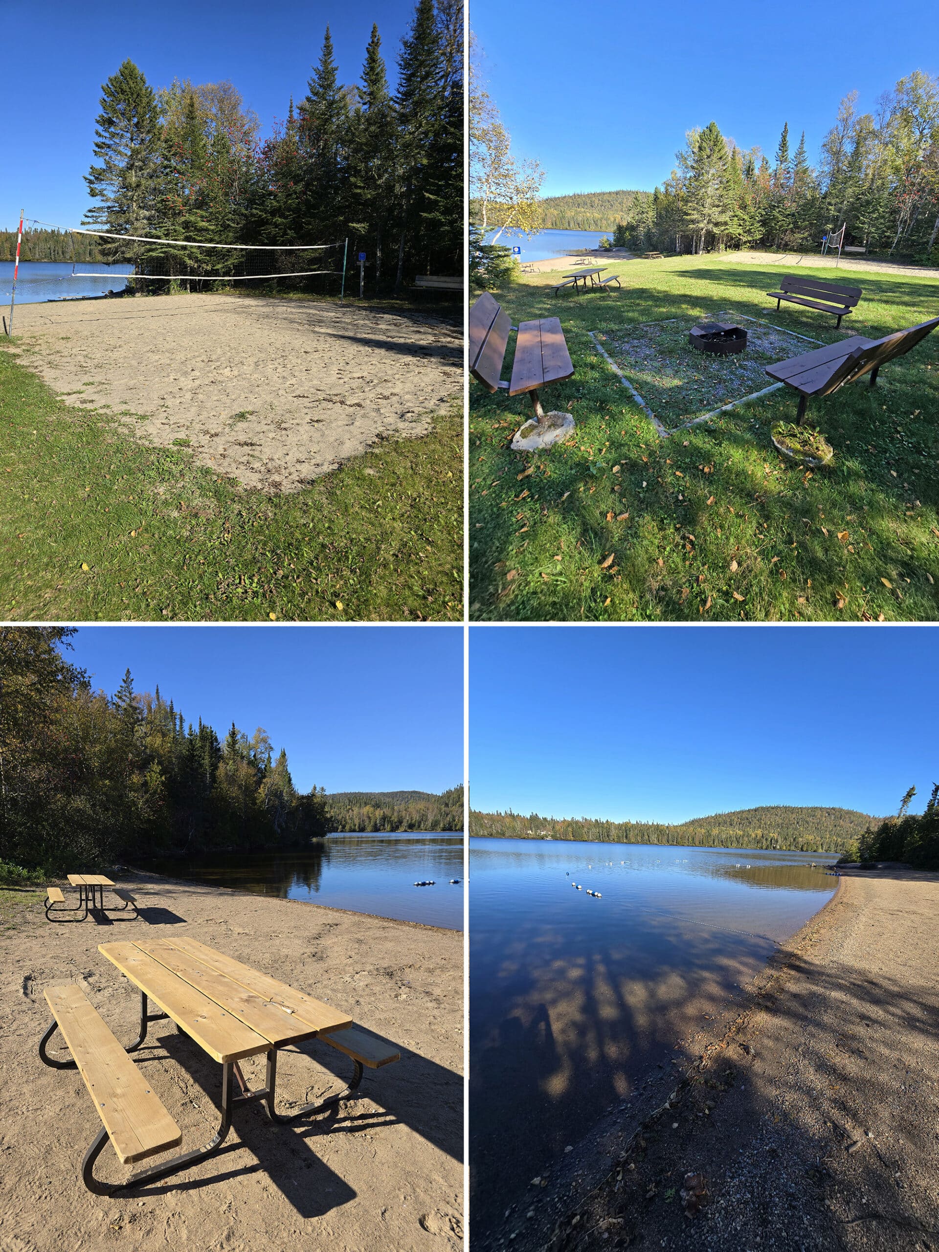 4 part image showing the west beach day use area at rainbow falls provincial park.