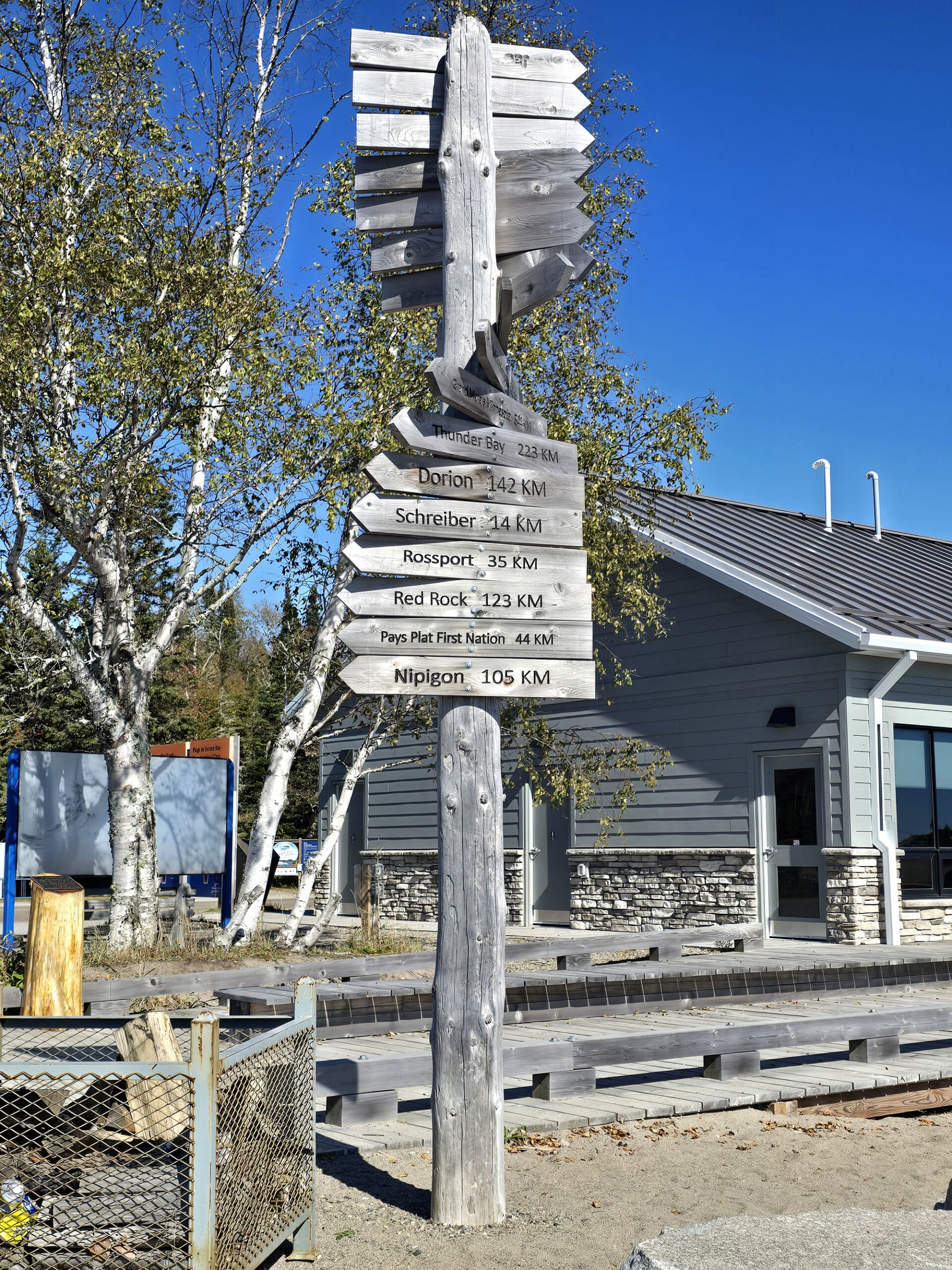 A directional sign with arrows and distances for attractions near terrace bay.