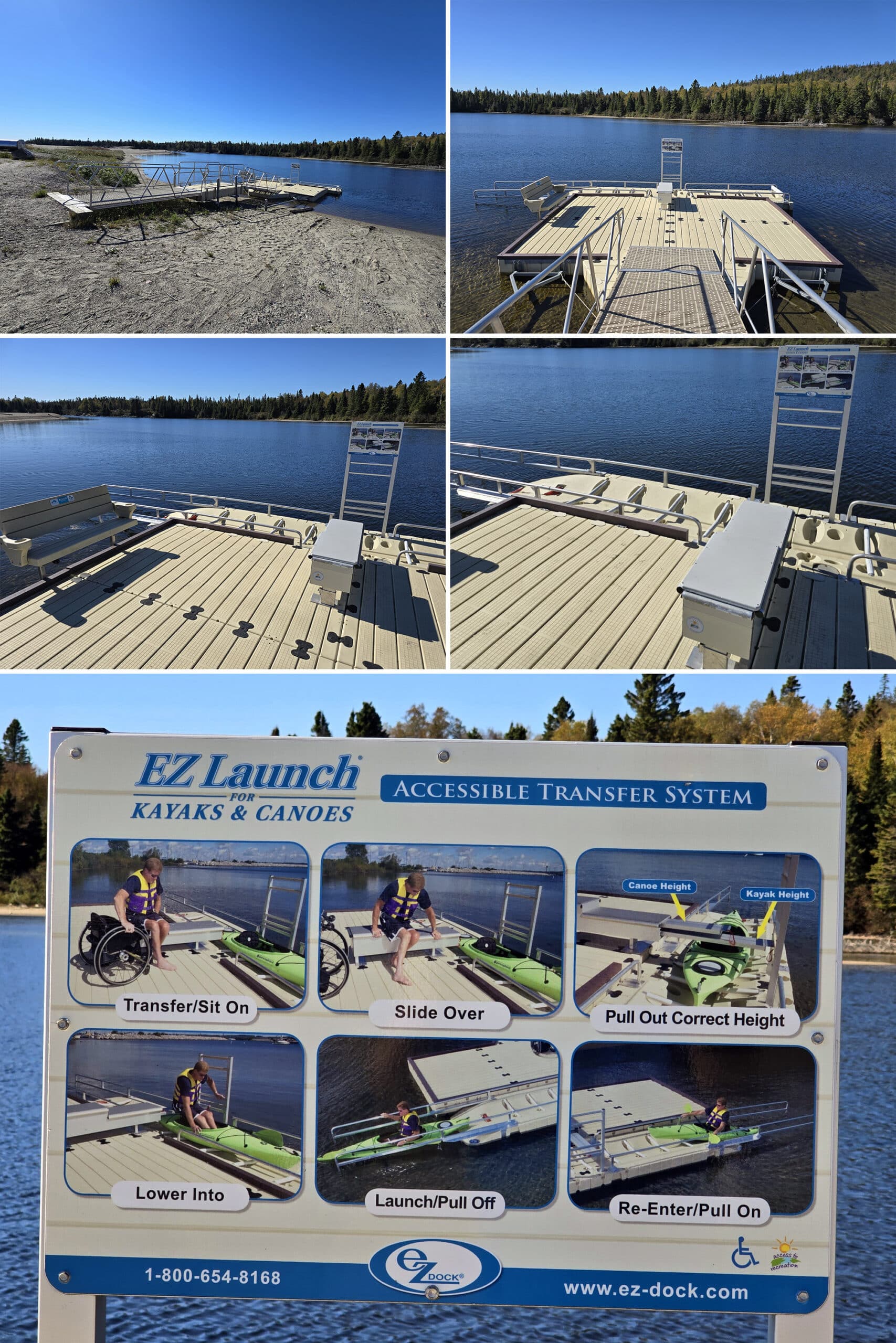 5 part image showing the accessible canoe launch at terrace bay beach.