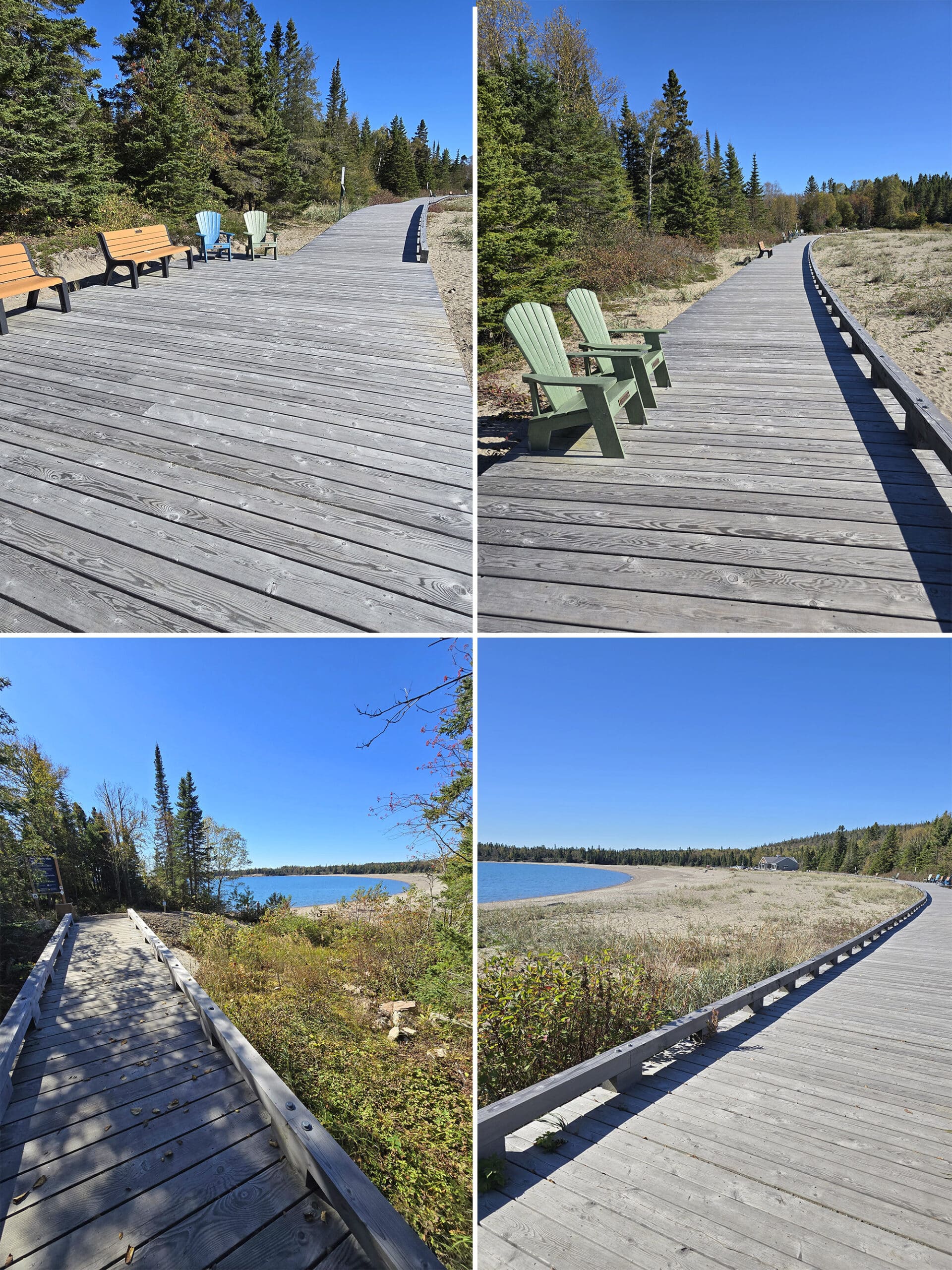 4 part image showing various views along the boardwalk trail at terrace bay beach.