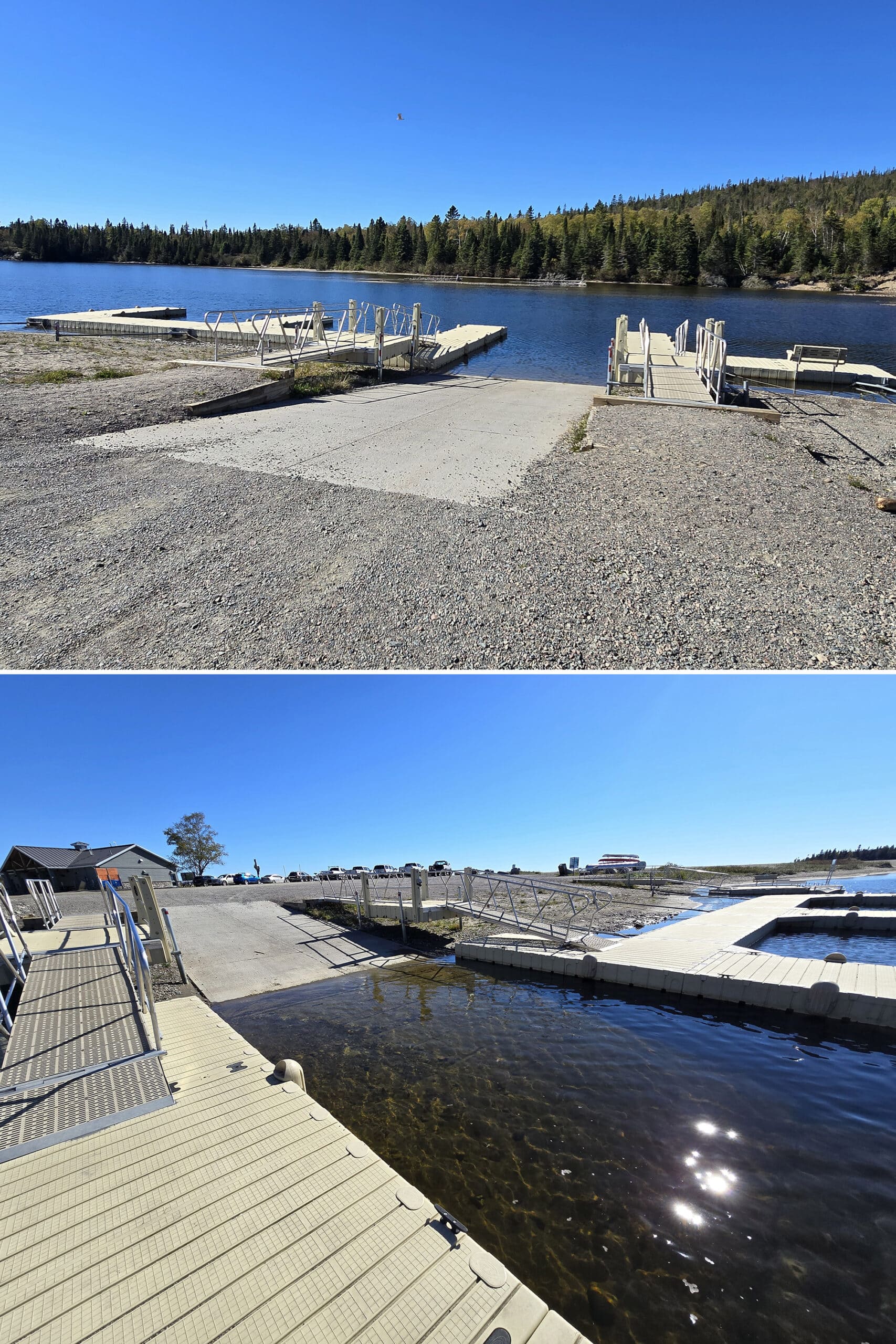 2 part image showing the terrace bay beach boat launch.