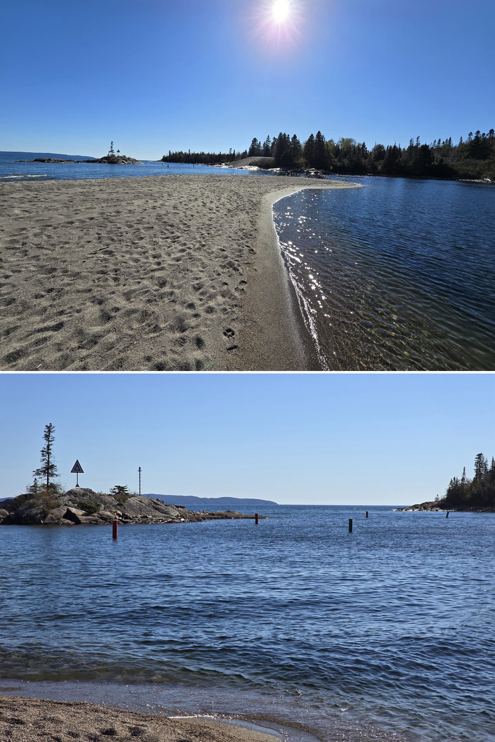 2 part image showing the enclosed harbour area at terrace bay beach