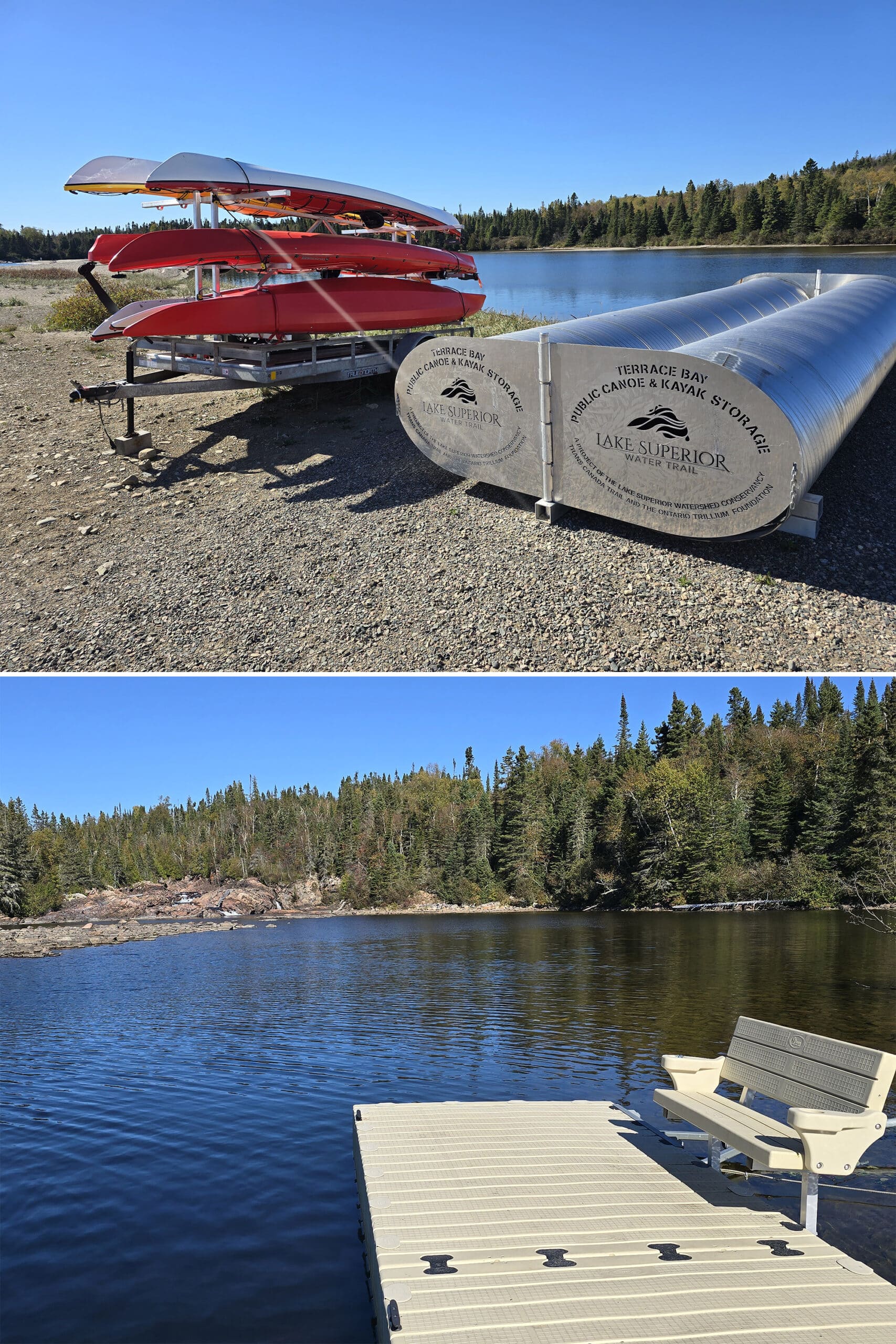 2 part image showing a rack of canoes, public canoe storage, and a floating dock.