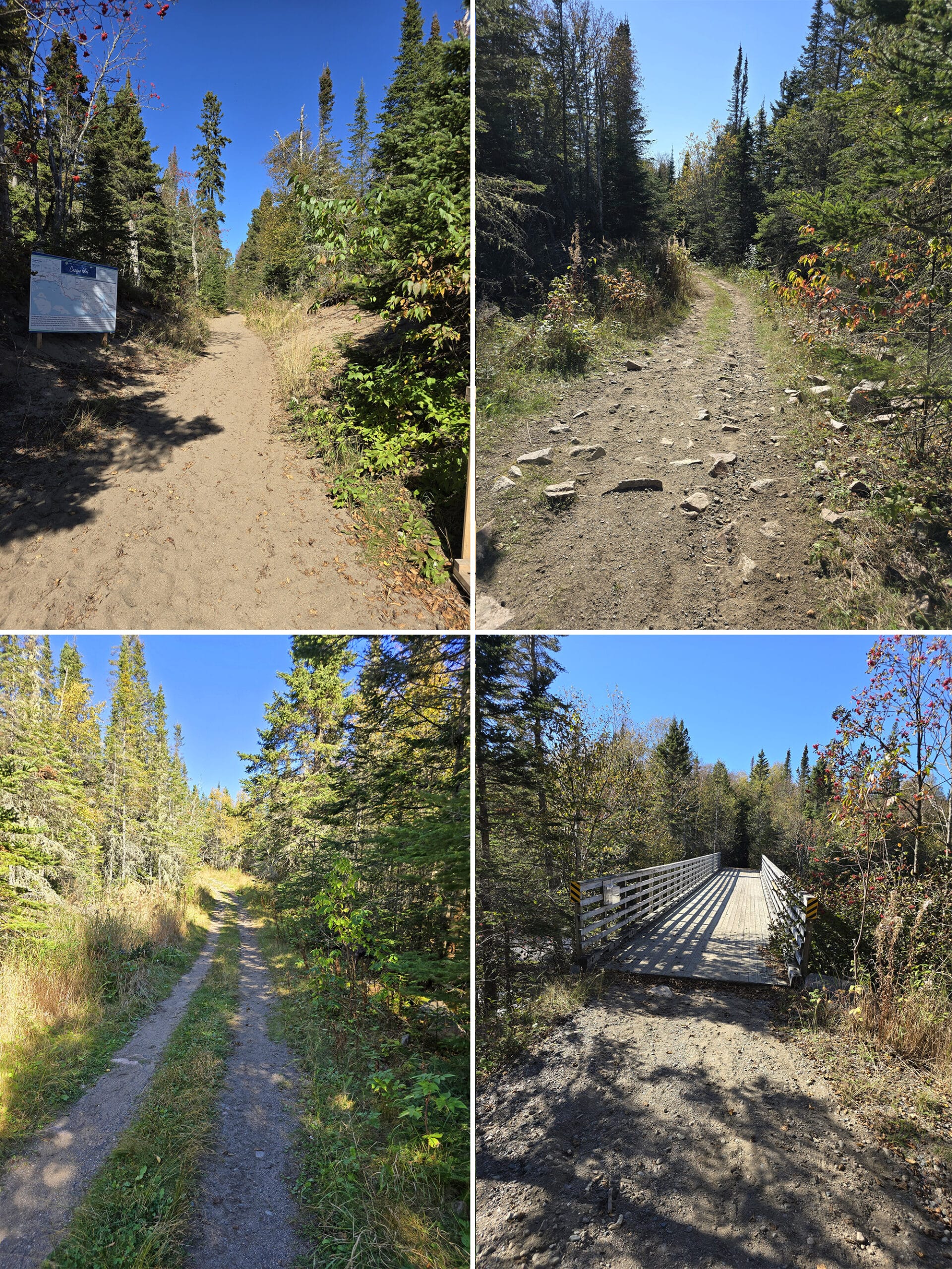 4 part image showing various views along the casque isles trail at terrace bay beach.