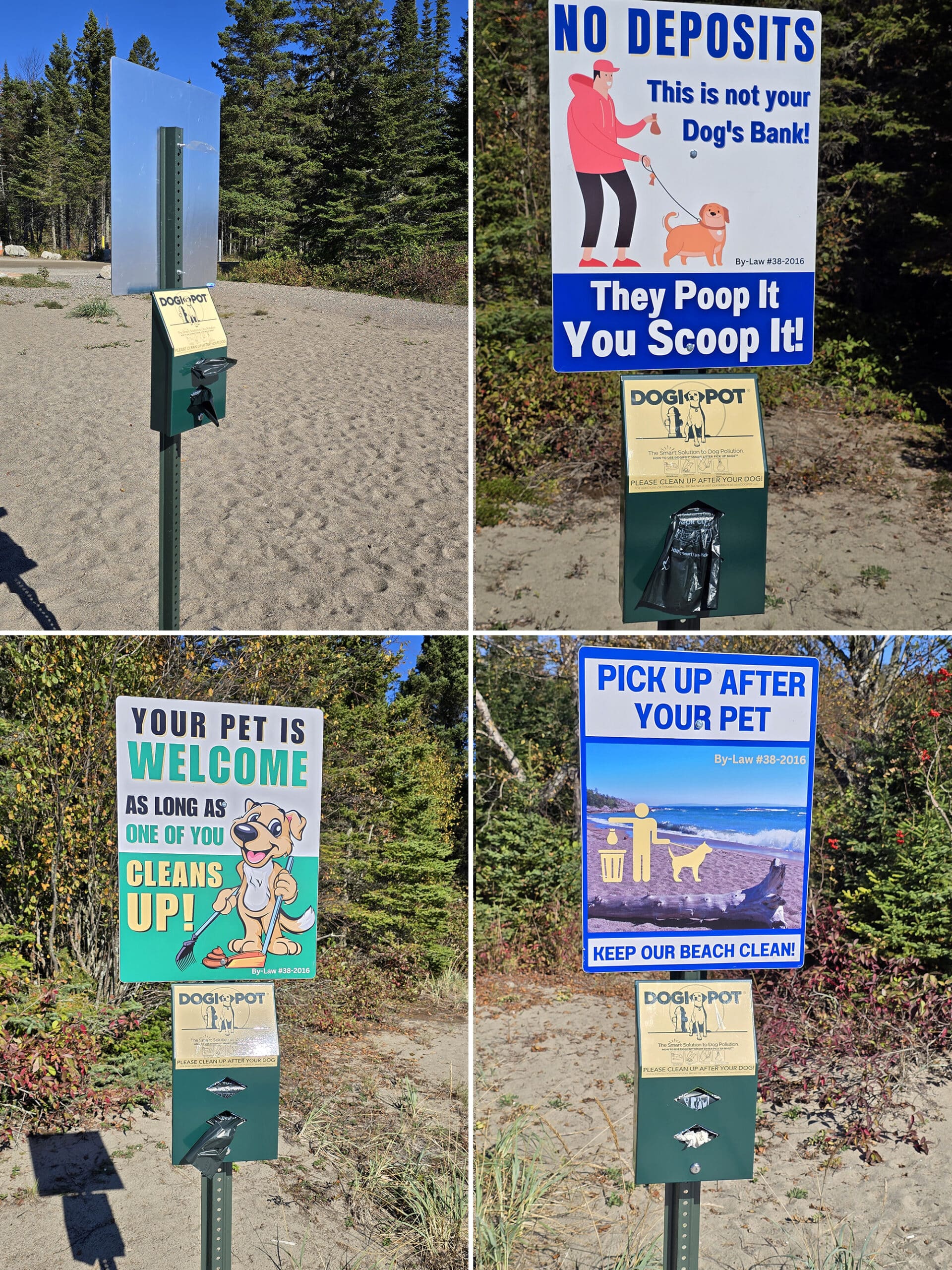 4 part image showing various humorous signs about scooping dog poop.