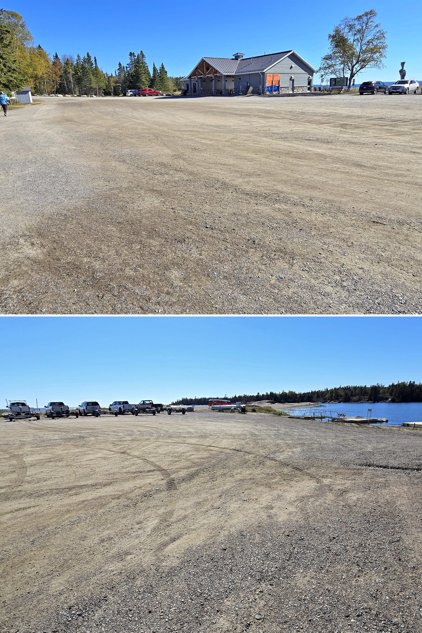 2 part image showing terrace bay beach parking lots.