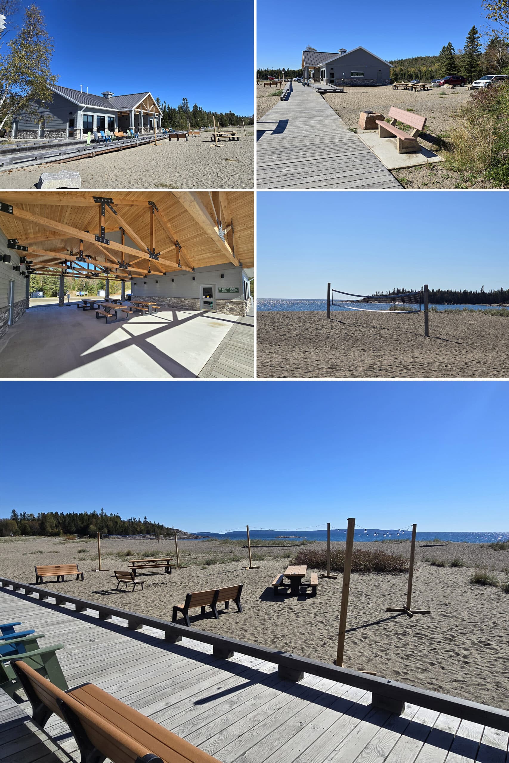 5 part image showing the building and picnic areas at terrace bay beach.