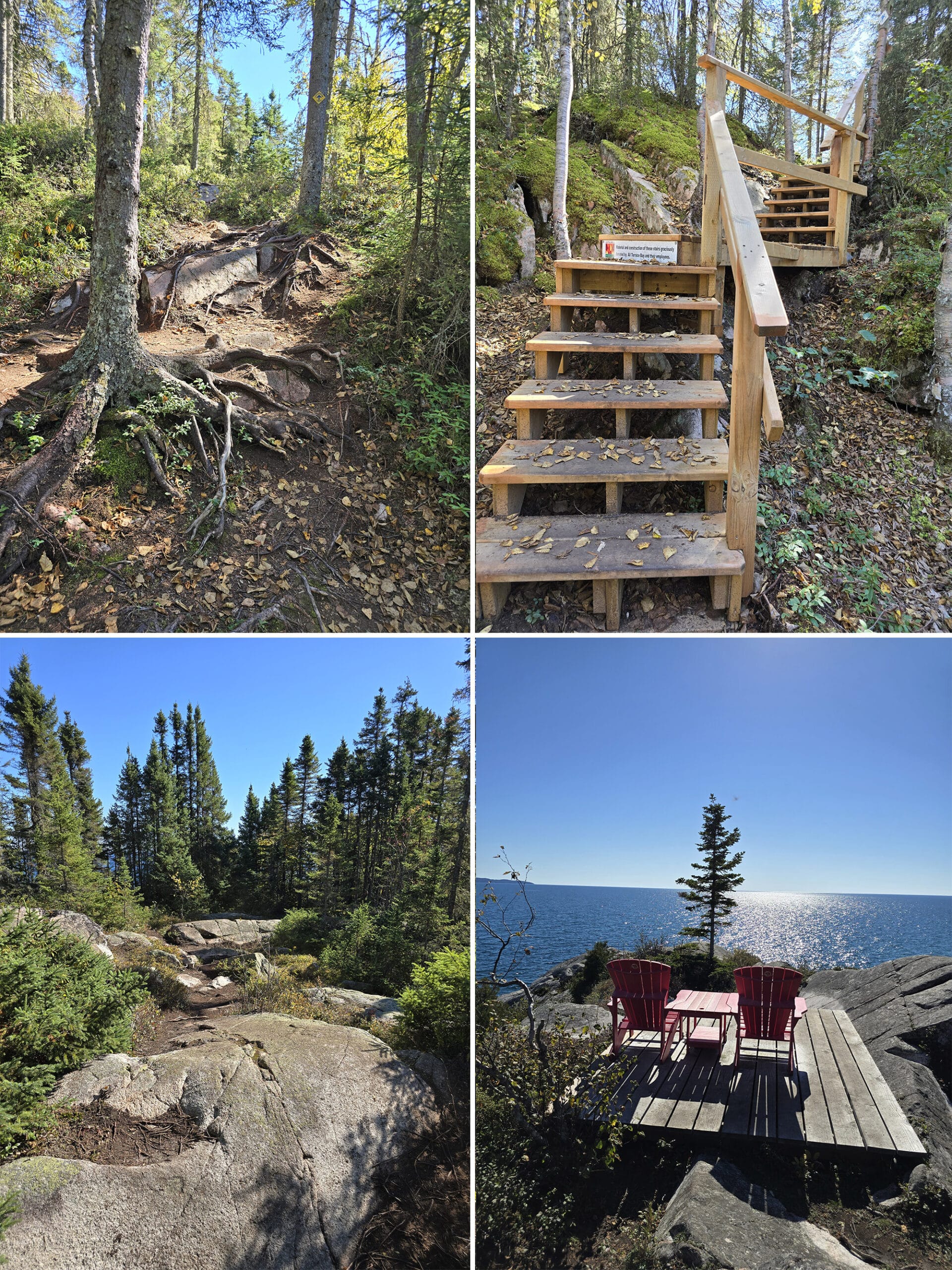 4 part image showing various views along the red chairs trail at terrace bay beach.