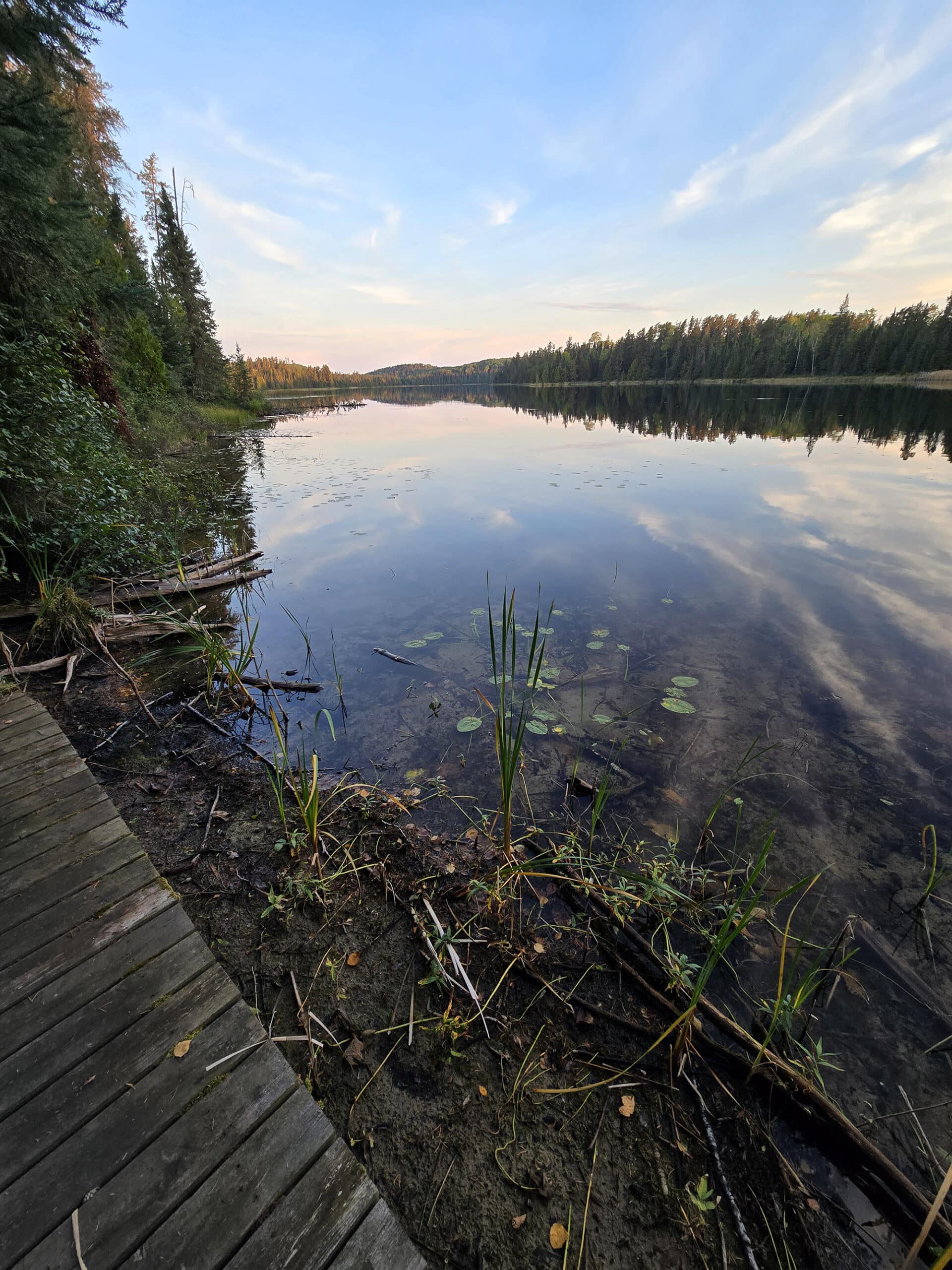 A scenic view over a still lake in white lake provincial park.