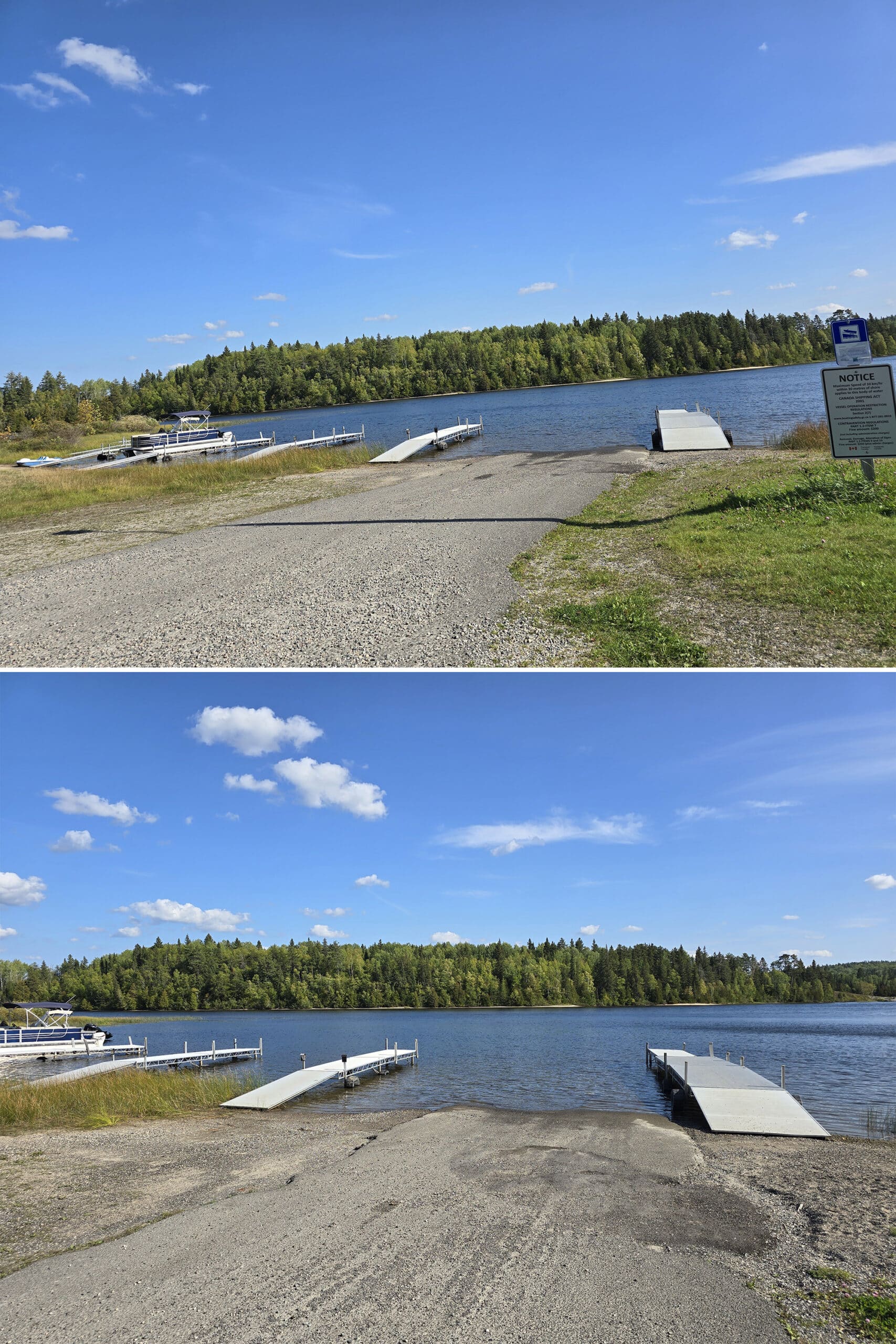 2 part image showing the boat launch at white lake provincial park.