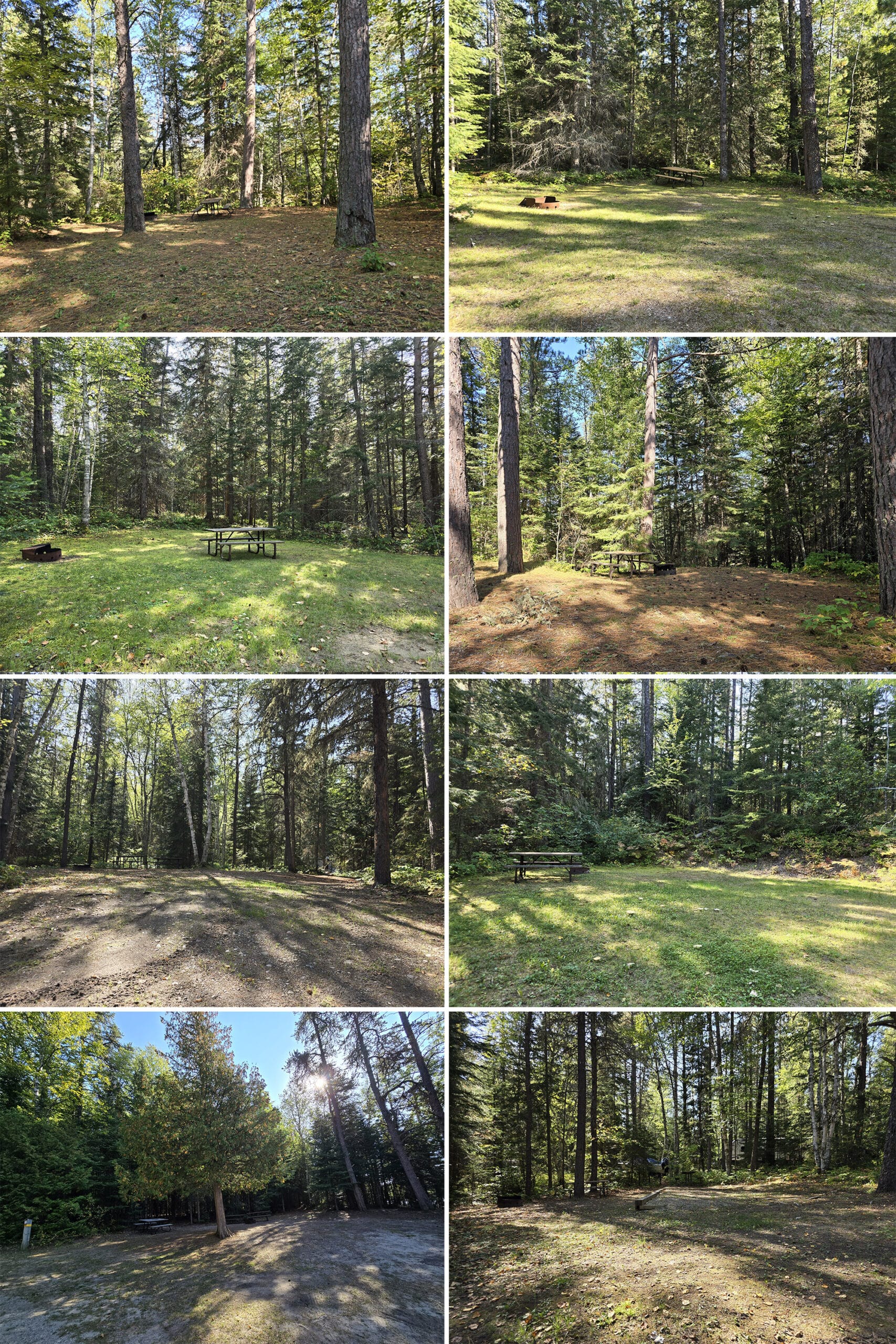 8 part image showing various campsites at white lake provincial park.