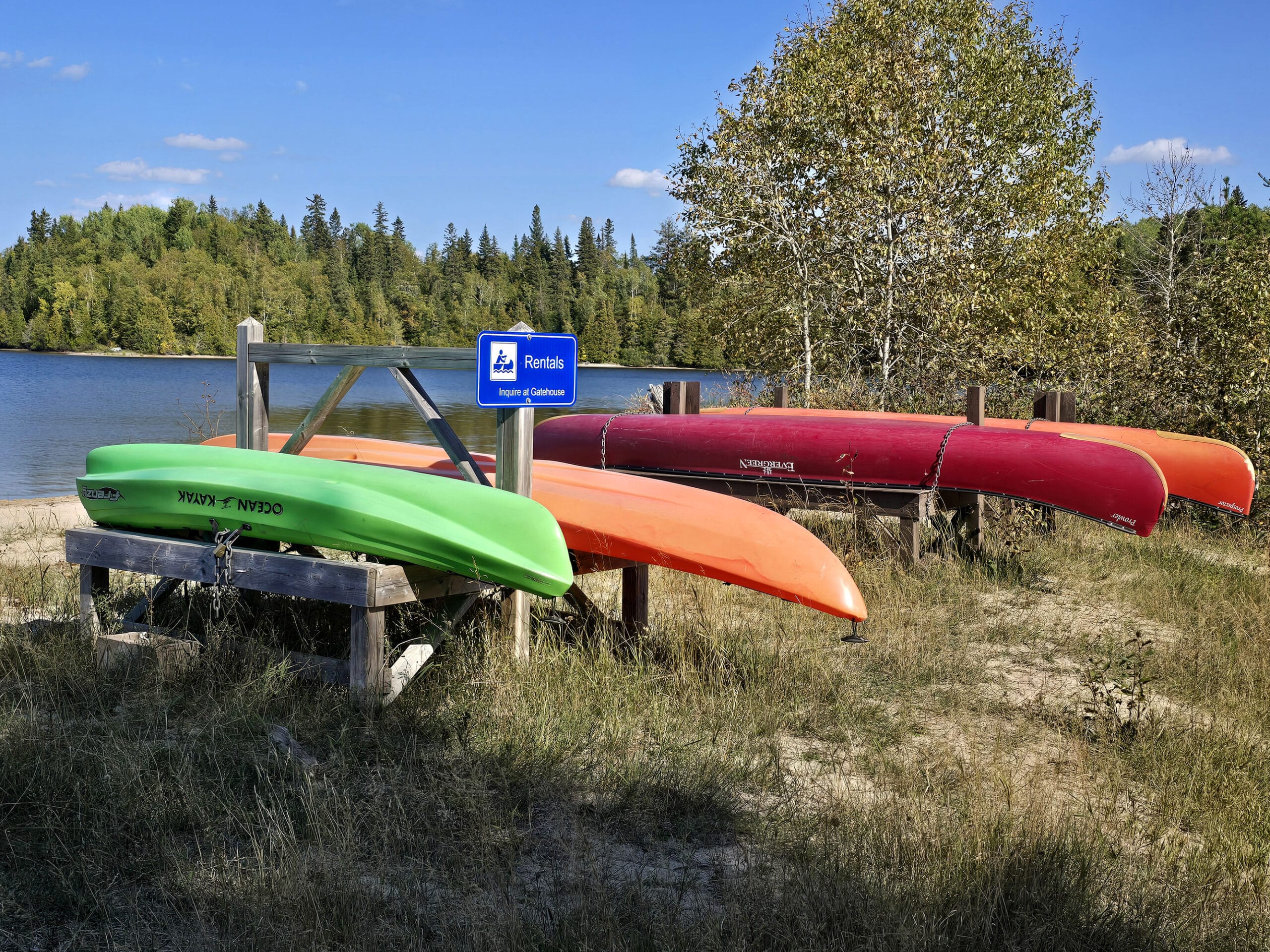 A row of brightly coloured rental kayaks on the shore.