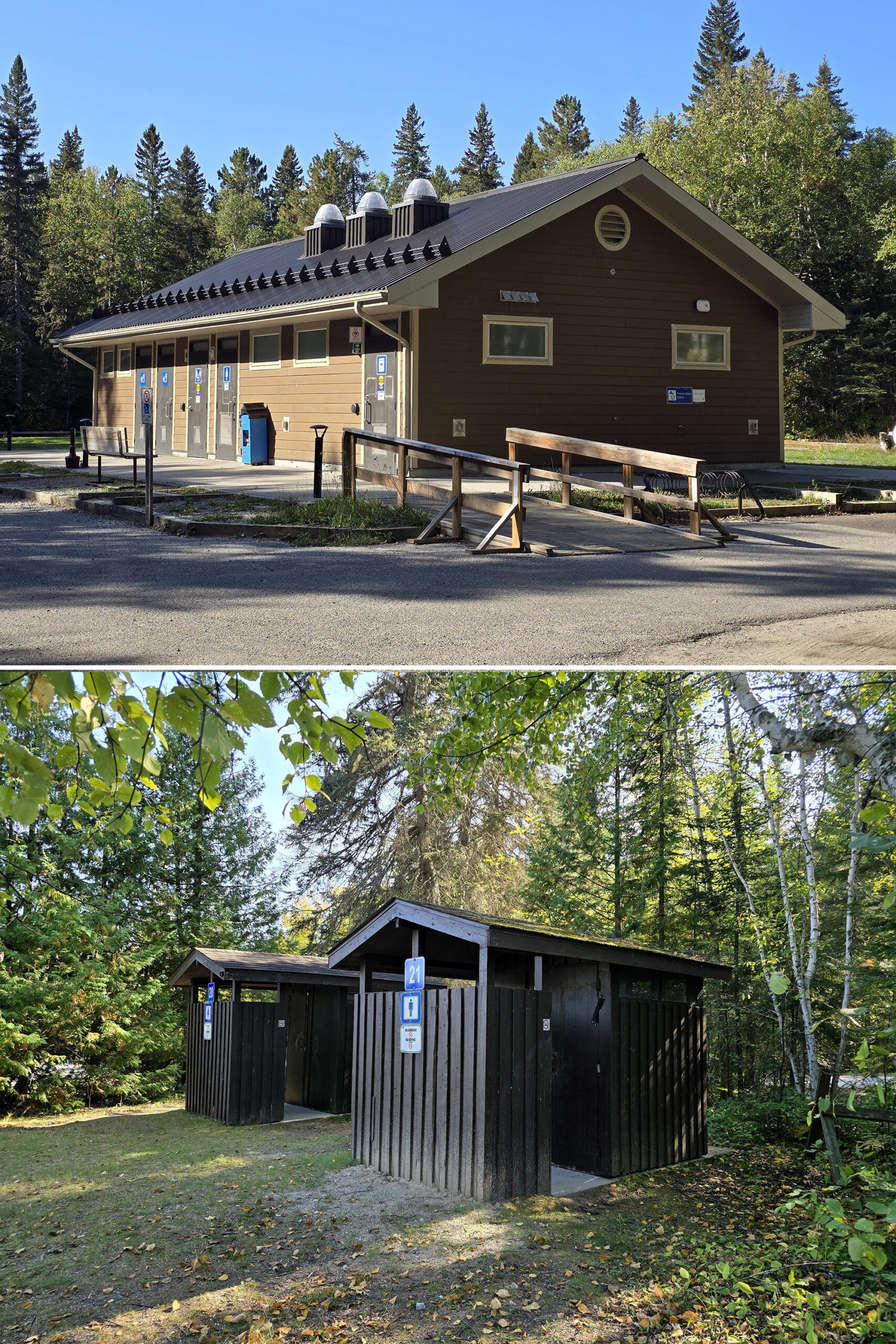 A comfort station and 2 outhouses.