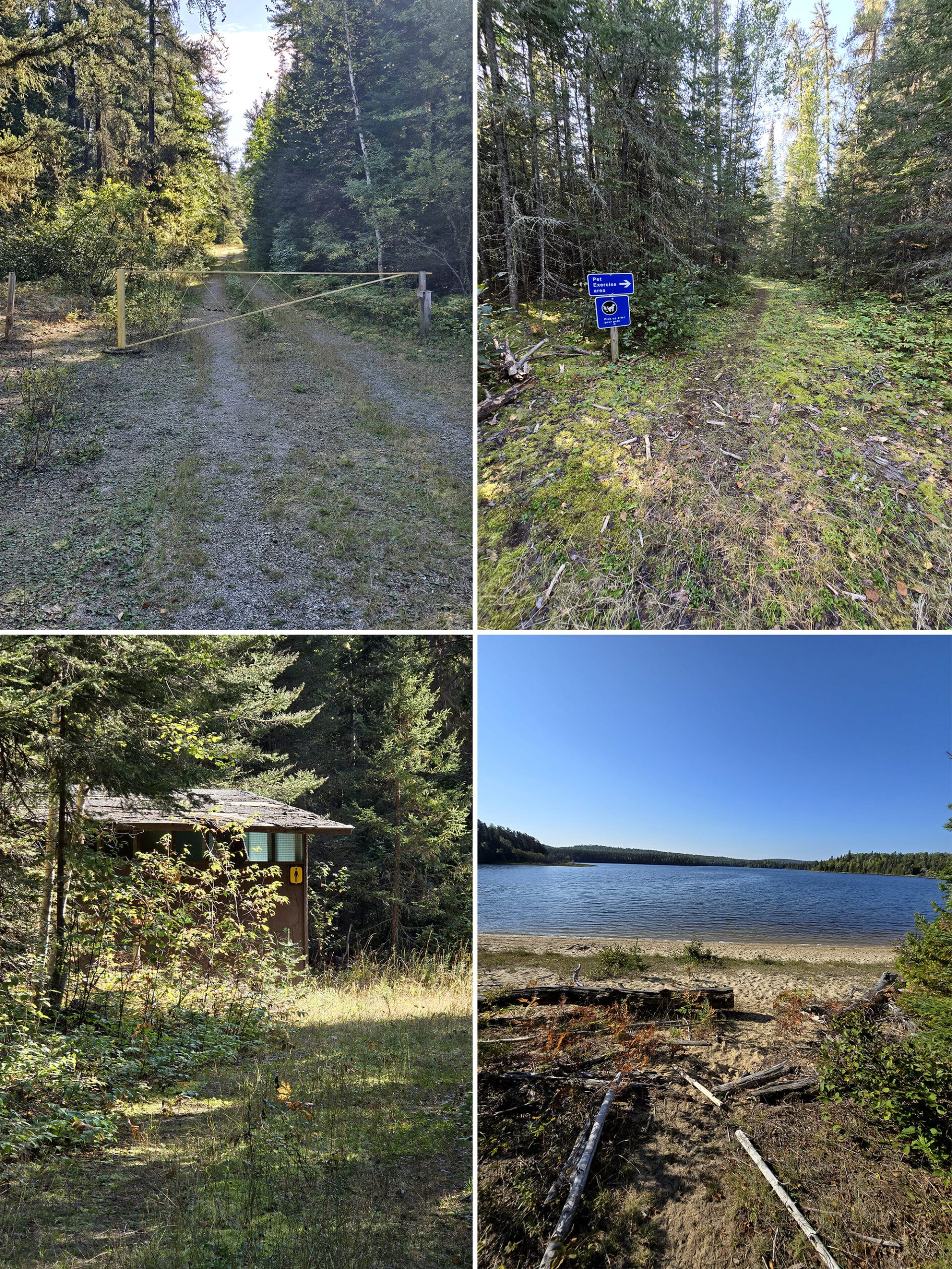 4 part image showing the path through a desolate area of the park, to get to the dog beach.