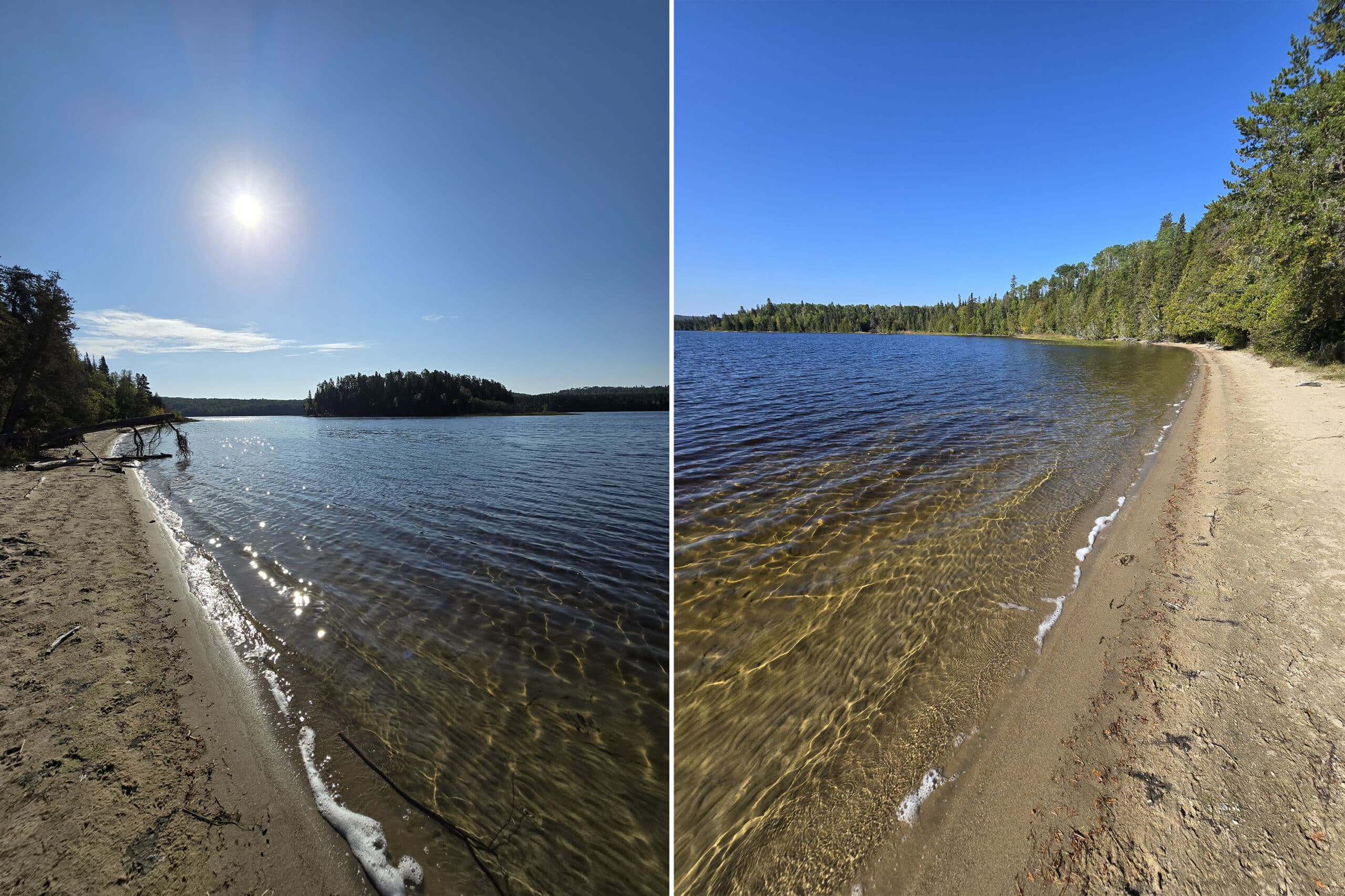 2 part image showing white lake provincial park's dog beach.