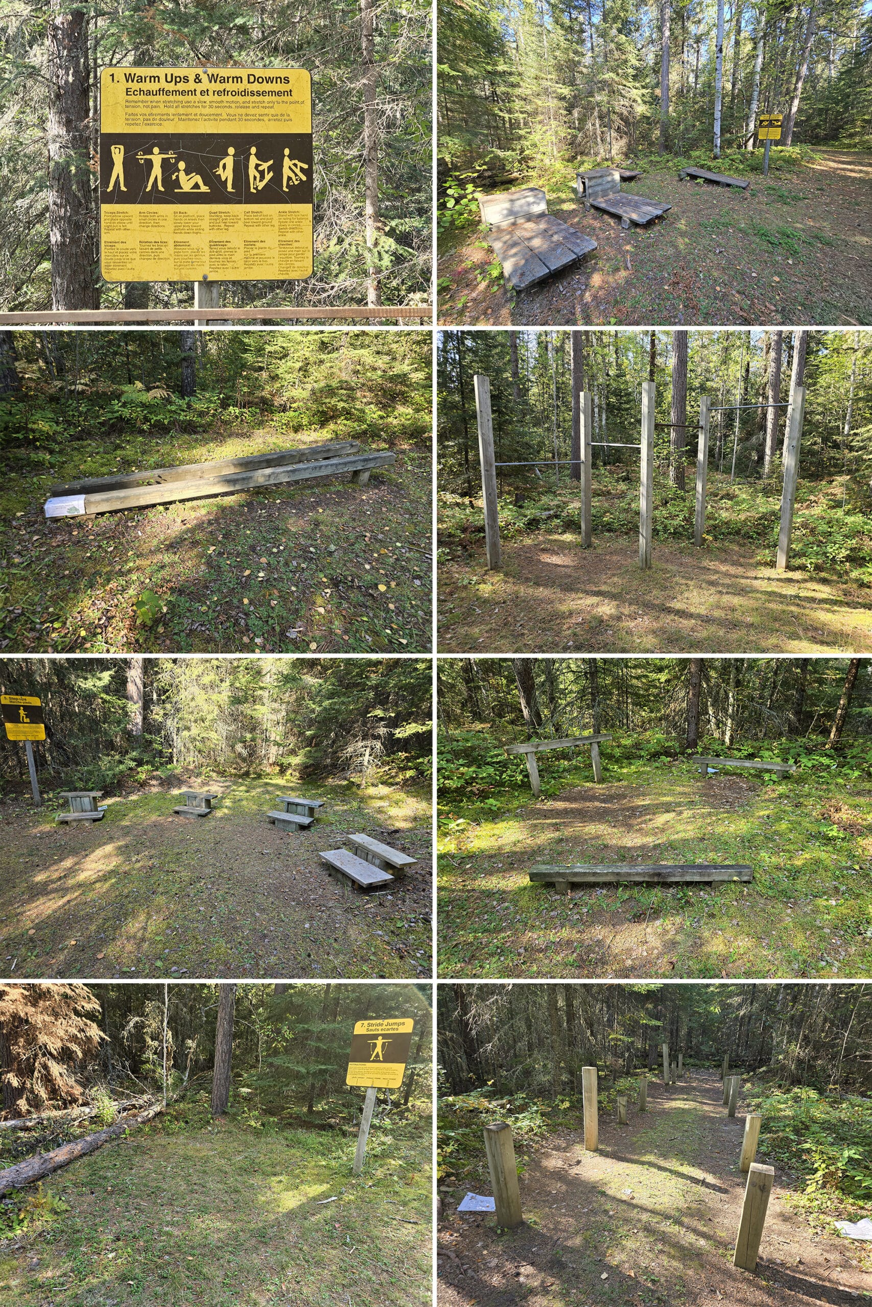 8 part image showing various views along the fitness trail in white lake provincial park.