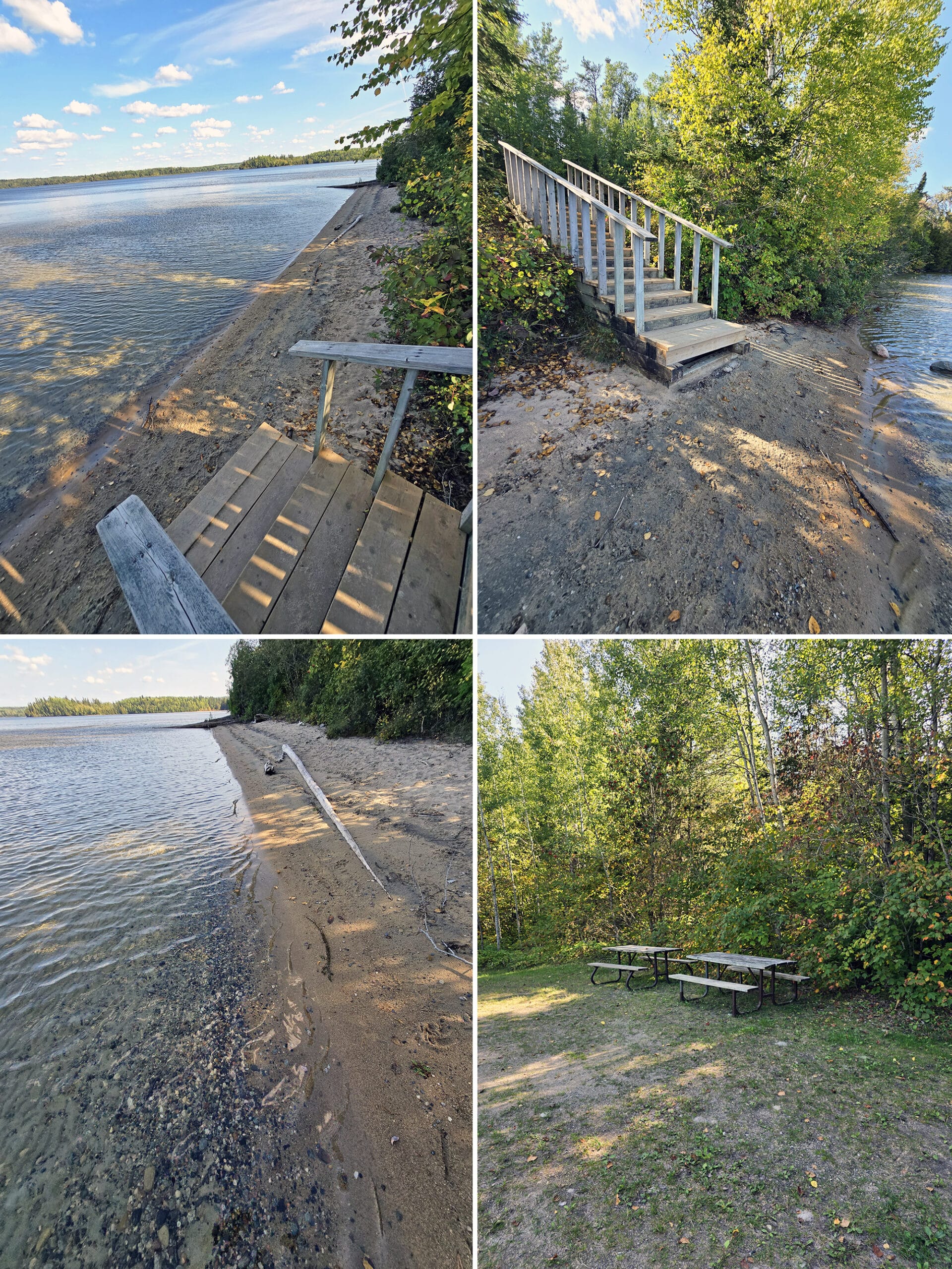 4 part image showing  the group camping area beach at white lake provincial park.