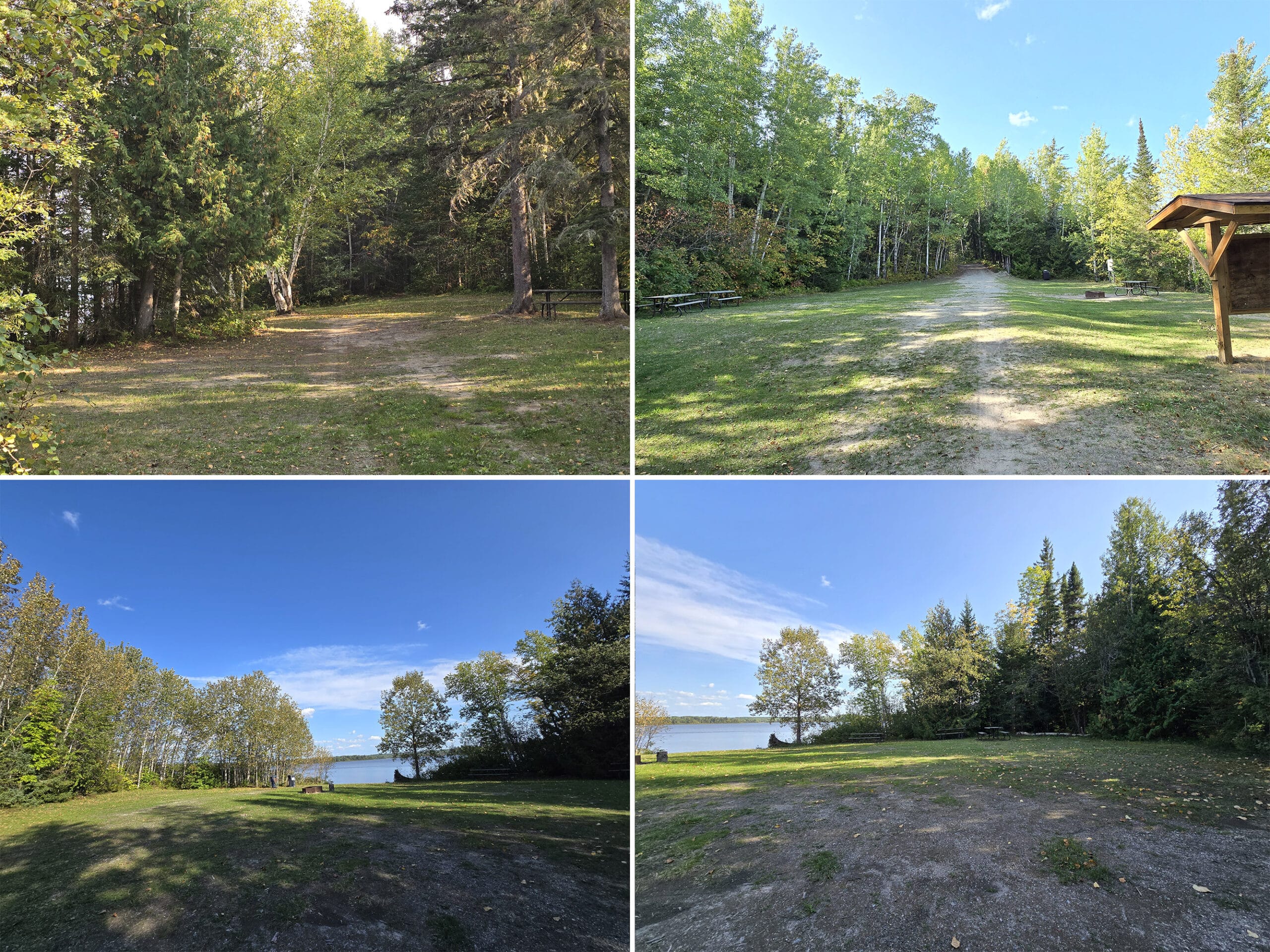 4 part image showing  the group camping area at white lake provincial park.